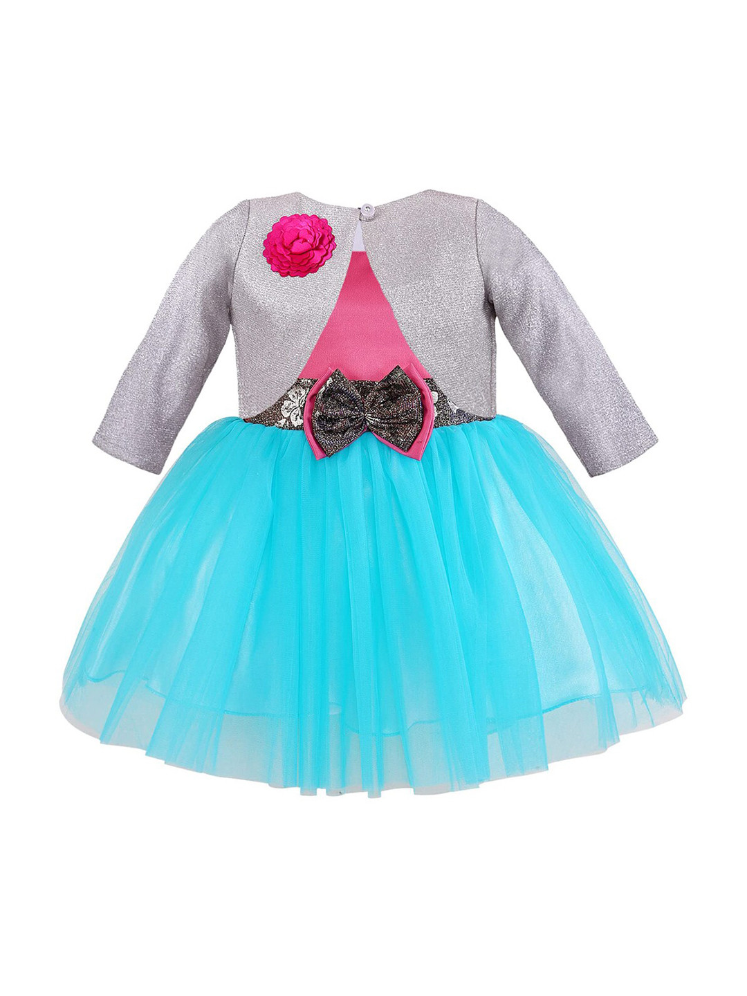Wish Karo Girls Blue & Pink Self Design Net Dress With Jacket