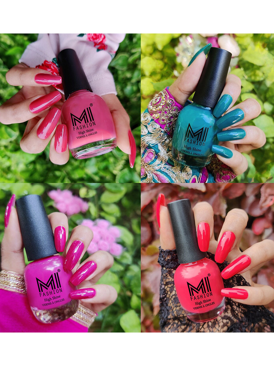 MI FASHION Set Of 4 Vernis A Ongles Ultra High Glass HD 3D Shine Nail Polish 60ml - Tan, Sea Green, Bright Plum, Light Pink