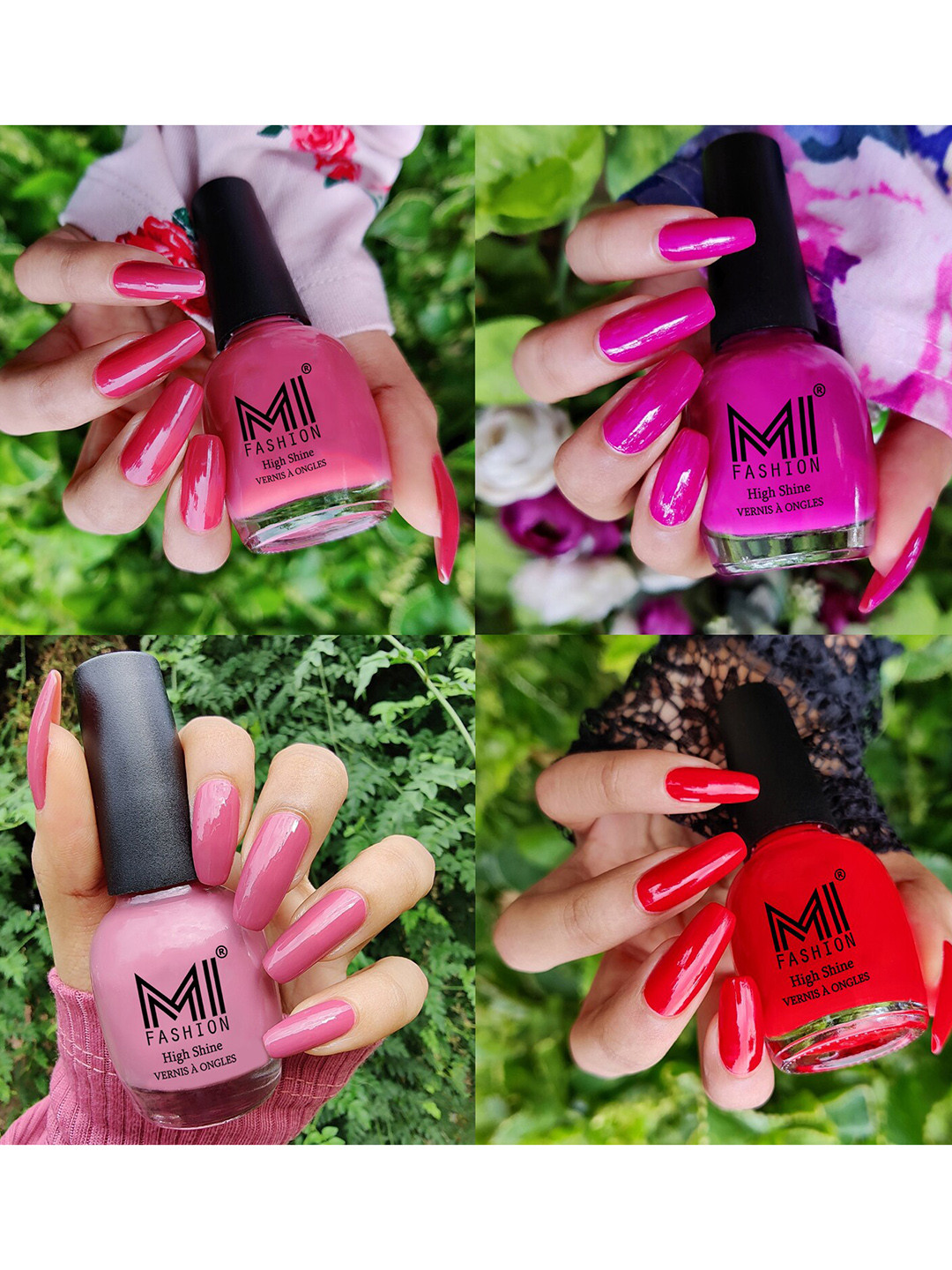 MI FASHION Set Of 4 High Shine Long Lasting Nail Polish 60 ml-TAN-Bright Plum-Nude Spring-Red