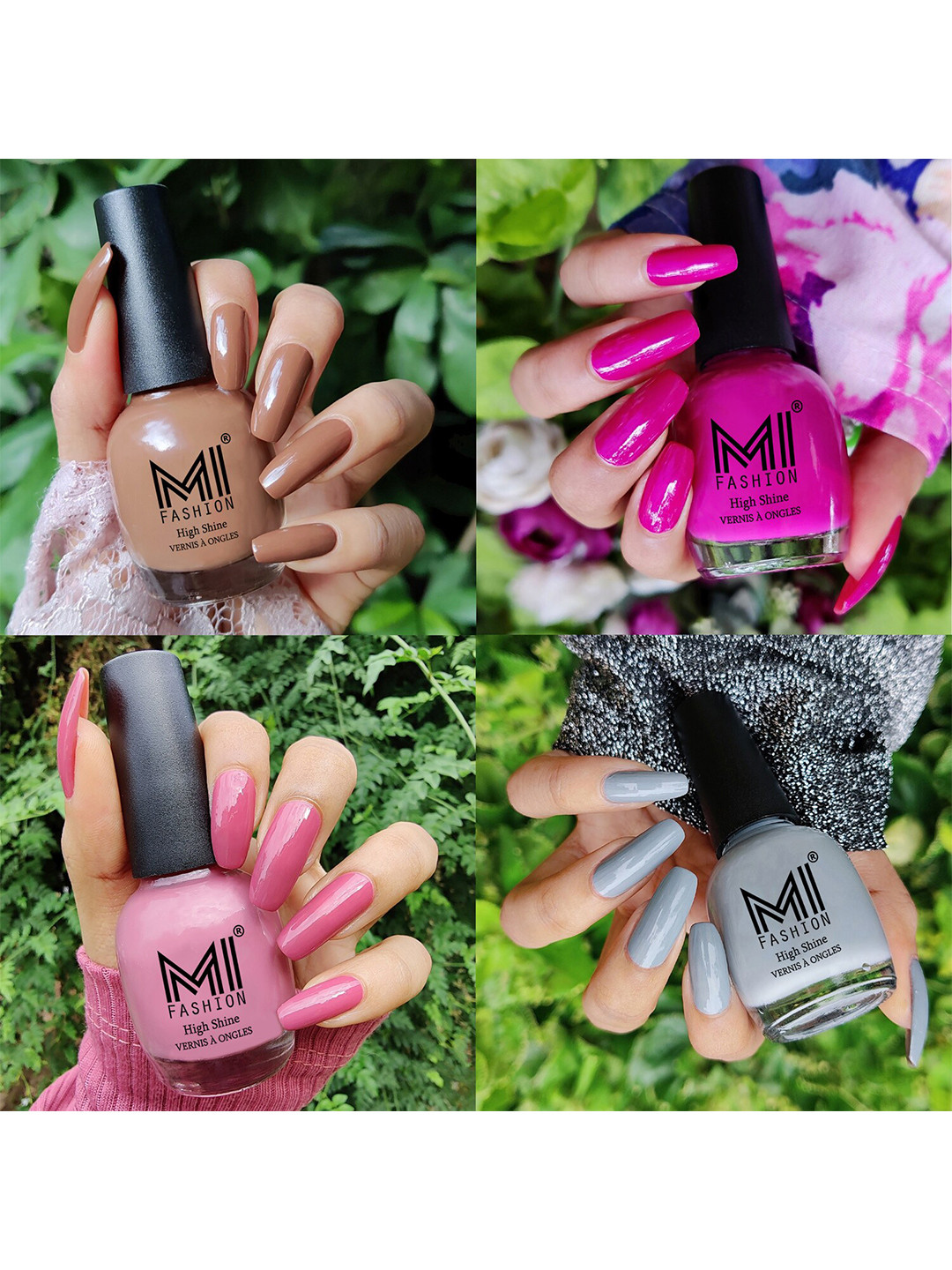 MI FASHION Set Of 4 Vernis A Ongles Ultra High Glass HD 3D Shine Nail Polish 60ml - Dark Nude, Bright Plum, Nude Spring, Grey