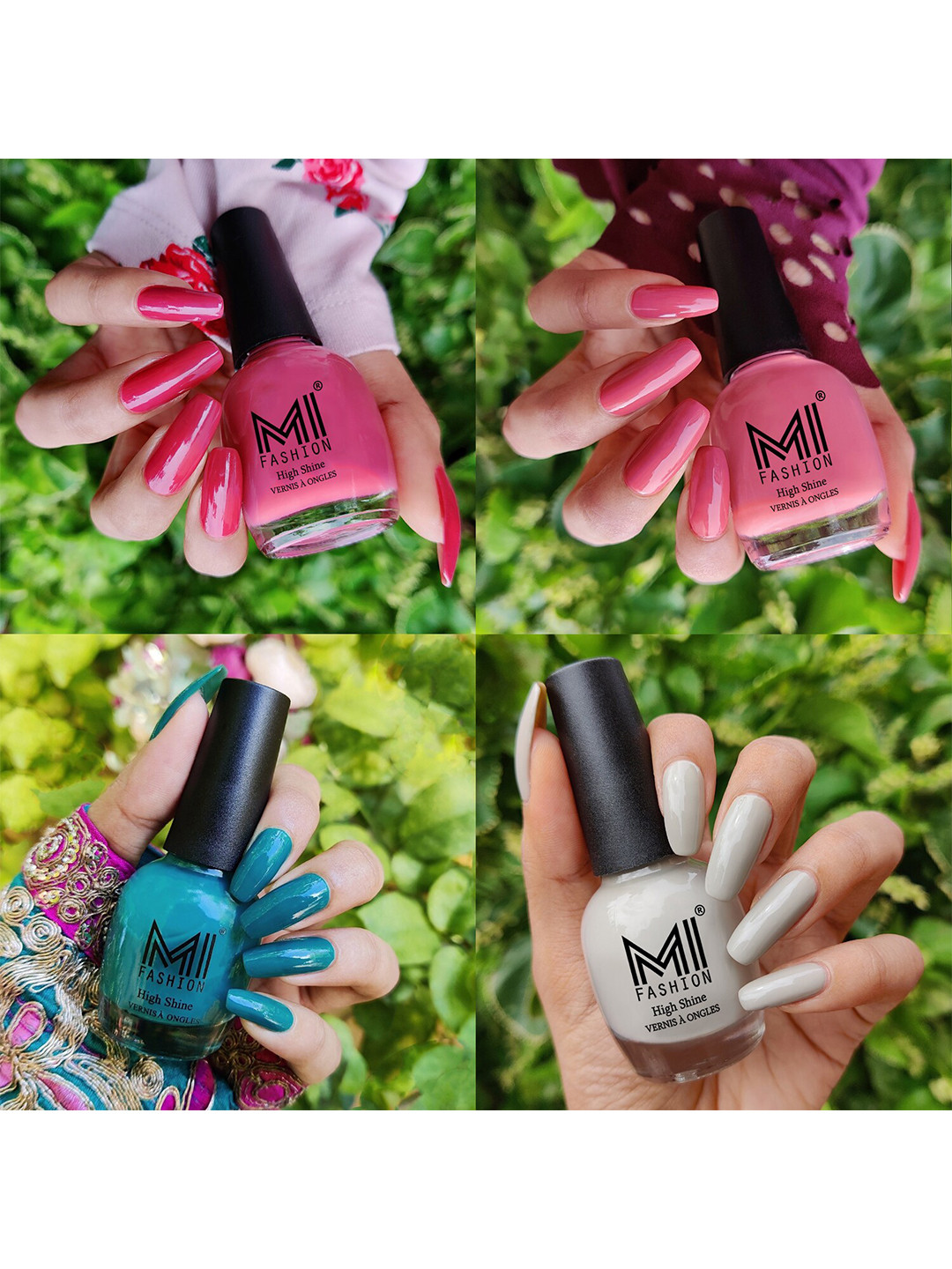MI FASHION Set Of 4 High Shine Long Lasting Nail Polish 60 ml-TAN-Sea Green-Candy Cotton-Light Nude