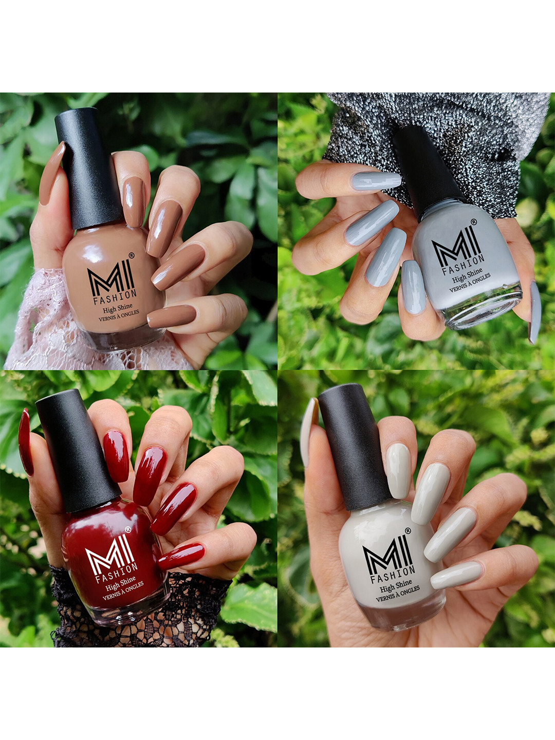 MI FASHION Set Of 4 Vernis A Ongles Ultra High Glass HD 3D Shine Nail Polish 60ml - Dark Nude, Grey, Wine Maroon, Light Nude