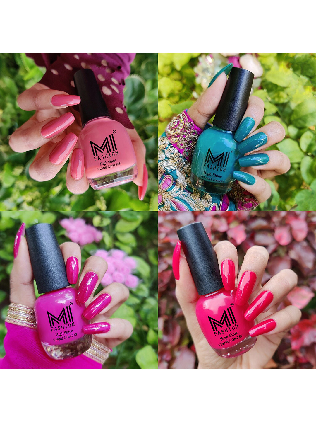 MI FASHION Set Of 4 Vernis A Ongles Ultra High Glass HD 3D Shine Nail Polish 60ml - Candy Cotton, Sea Green, Bright Plum, Magenta