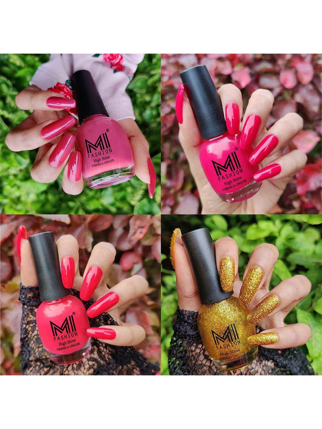 MI FASHION Set Of 4 Vernis A Ongles Ultra High Glass HD 3D Shine Nail Polish 60ml - Tan, Moon Magenta, Light Pink, Golden Gold