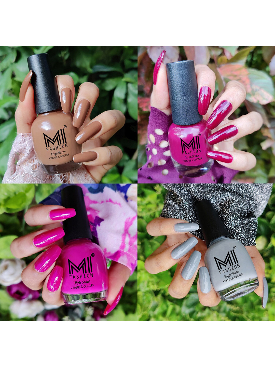MI FASHION Set Of 4 Vernis A Ongles Ultra High Glass HD 3D Shine Nail Polish 60ml - Dark Nude, Wine, Bright Plum, Grey
