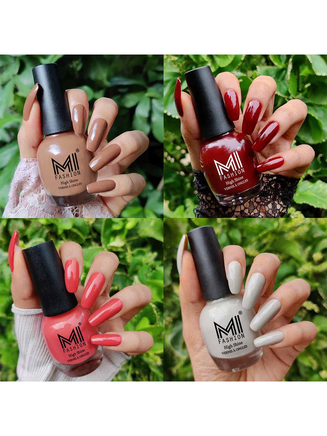 MI FASHION Set Of 4 Vernis A Ongles Ultra High Glass HD 3D Shine Nail Polish 60ml - Dark Nude, Wine Maroon, Peach Crush, Light Nude