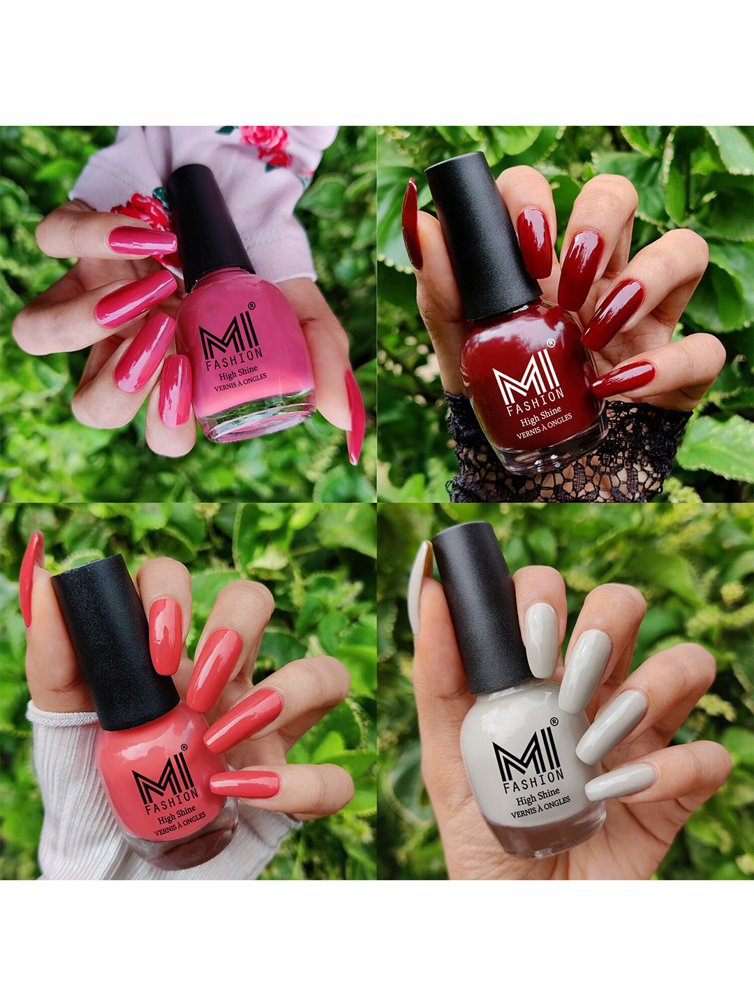 MI FASHION Set Of 4 Vernis A Ongles Ultra High Glass HD 3D Shine Nail Polish 60ml - Tan, Wine Maroon, Peach Crush, Light Nude
