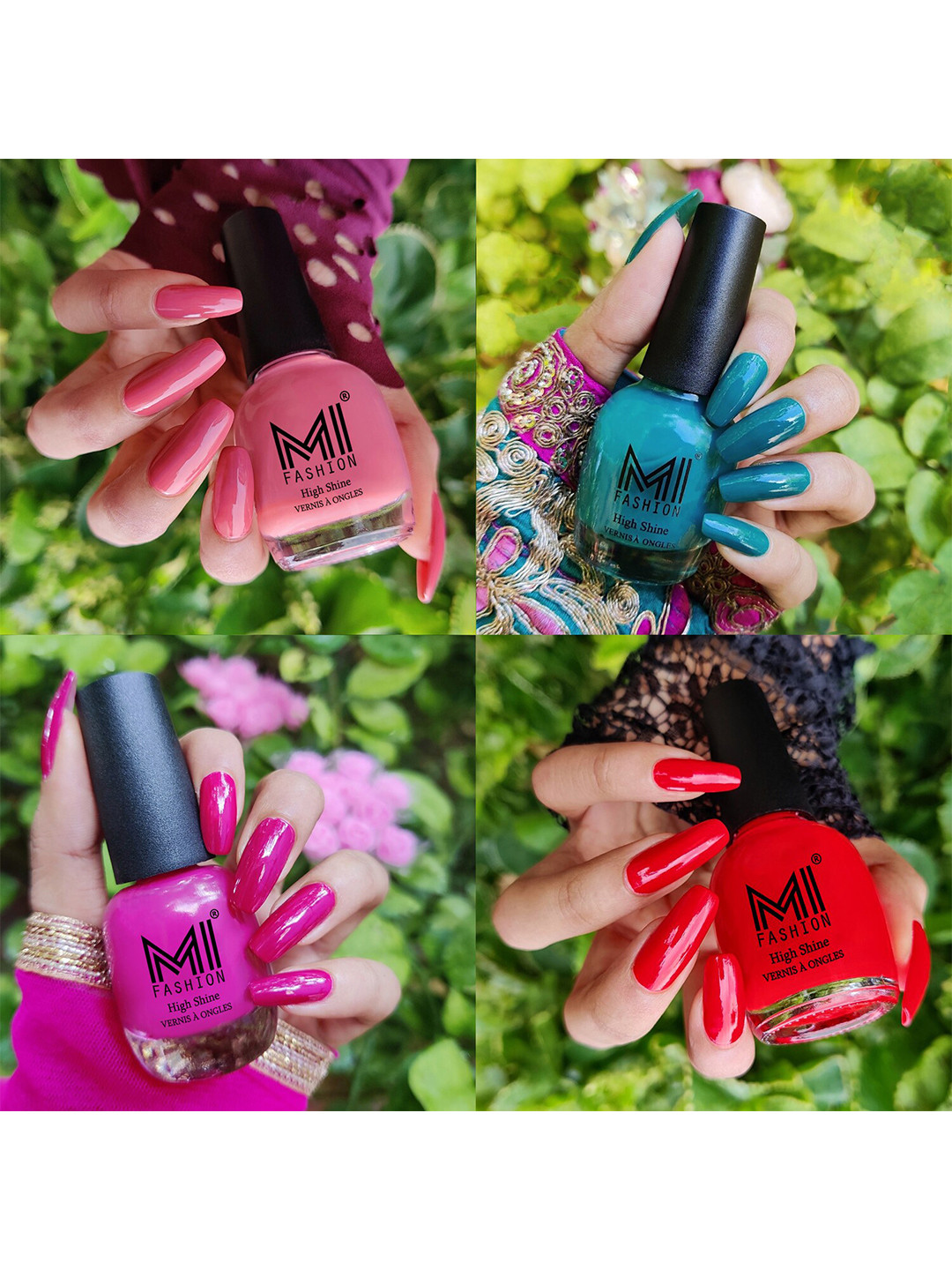 MI FASHION Set Of 4 Vernis A Ongles Ultra High Glass HD 3D Shine Nail Polish 60ml - Candy Cotton, Sea Green, Bright Plum, Red