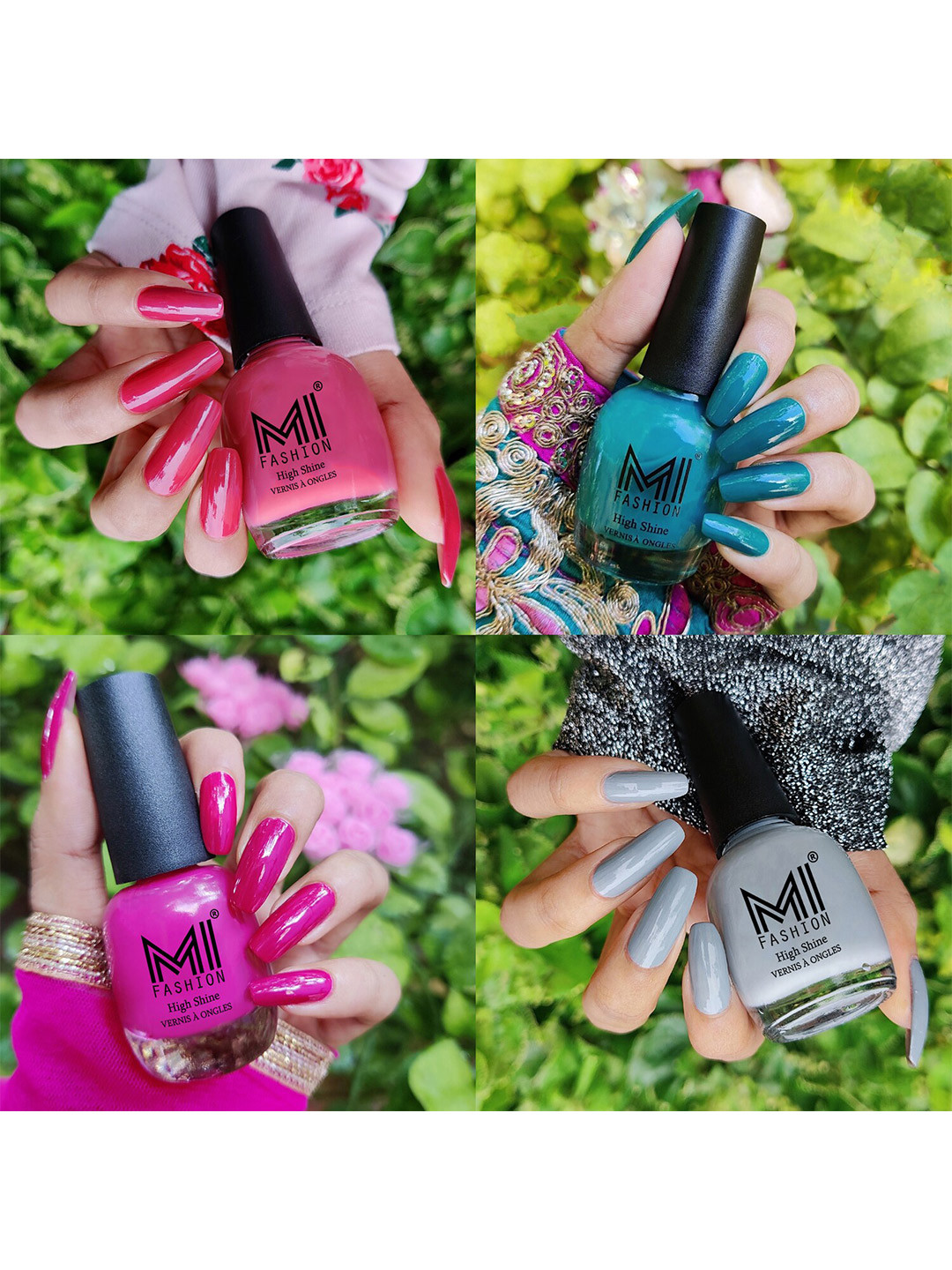 MI FASHION Set Of 4 Vernis A Ongles Ultra High Glass HD 3D Shine Nail Polish 60ml - Tan, Sea Green, Bright Plum, Grey