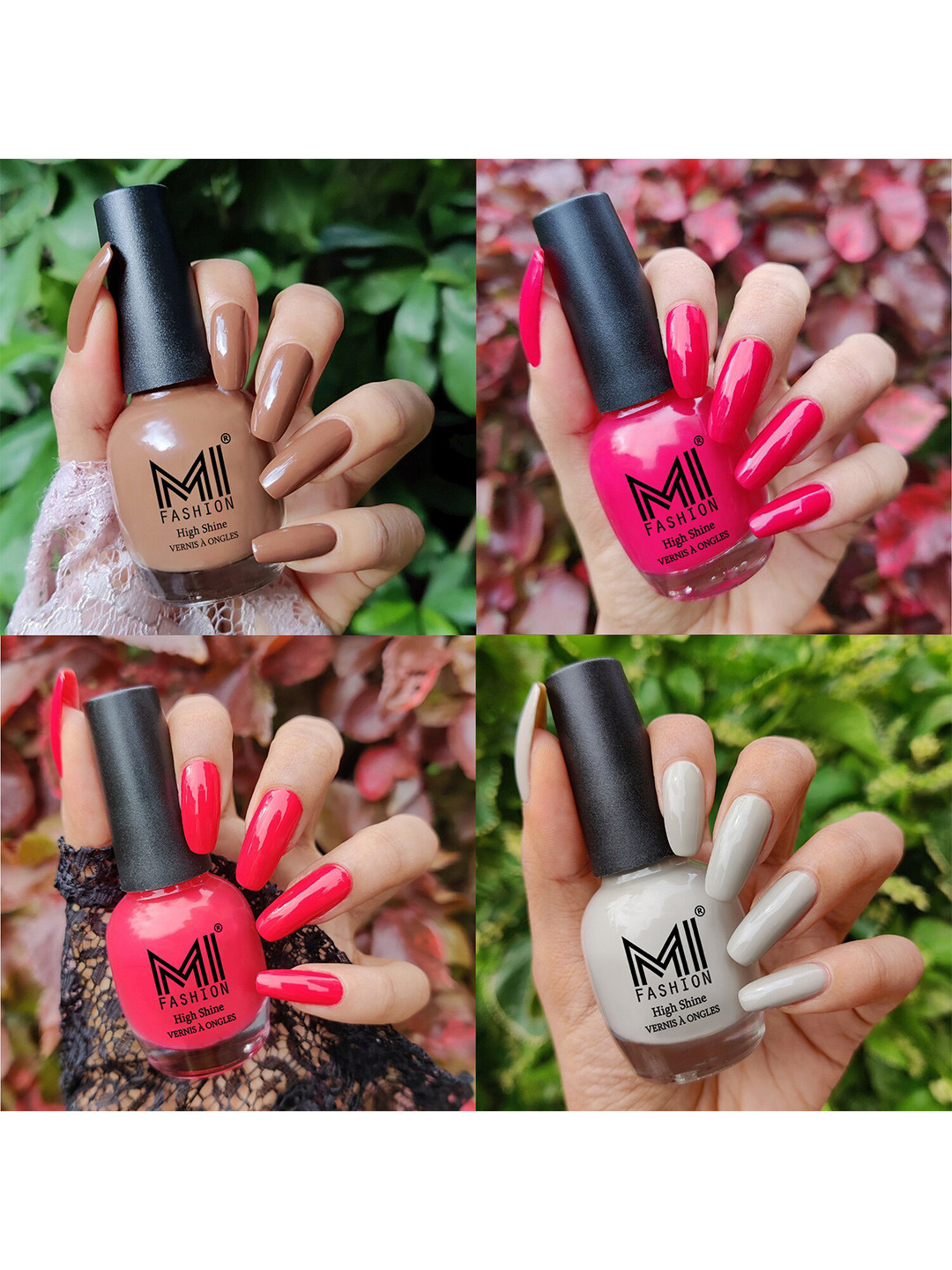 MI FASHION Set Of 4 Vernis A Ongles Ultra High Glass HD 3D Shine Nail Polish 60ml - Dark Nude, Moon Magenta, Light Pink, Nude