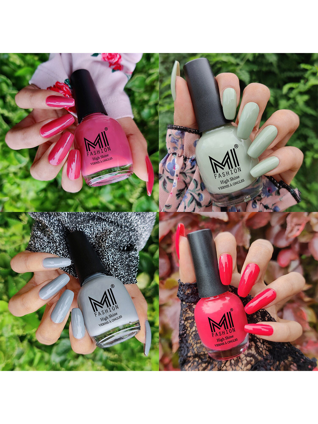 MI FASHION Set Of 4 Vernis A Ongles Ultra High Glass HD 3D Shine Nail Polish 60ml- Tan, Mischievous Mint, Grey, Light Pink