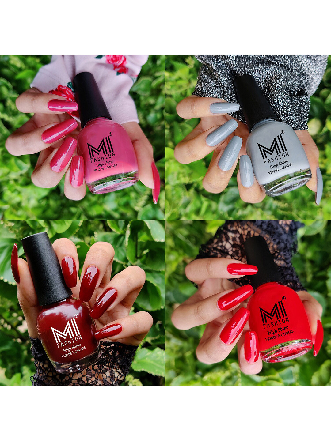 MI FASHION Set Of 4 Vernis A Ongles Ultra High Glass HD 3D Shine Nail Polish 60ml - Tan, Grey, Wine Maroon, Red