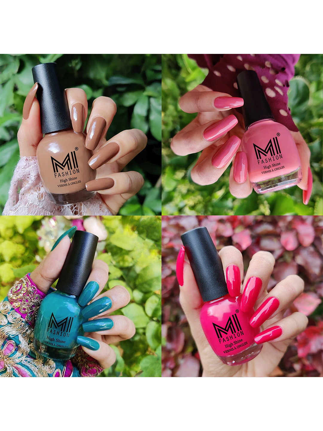 MI FASHION Set Of 4 Vernis A Ongles Ultra High Glass HD 3D Shine Nail Polish 60ml - Dark Nude, Candy Cotton, Sea Green, Moon Magenta