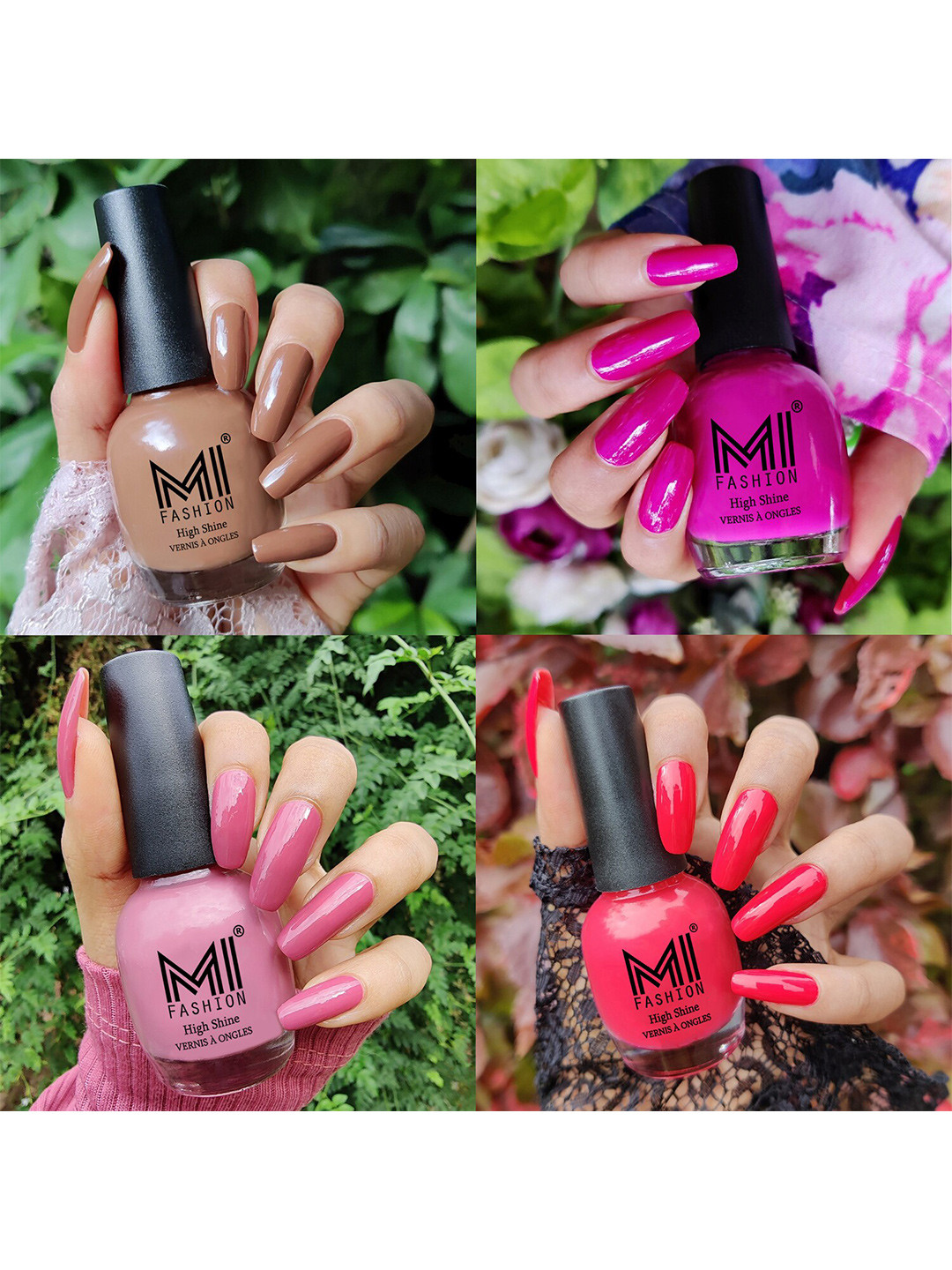 MI FASHION Set Of 4 Vernis A Ongles Ultra High Glass HD 3D Shine Nail Polish 60ml - Dark Nude, Bright Plum, Nude Spring, Light Pink