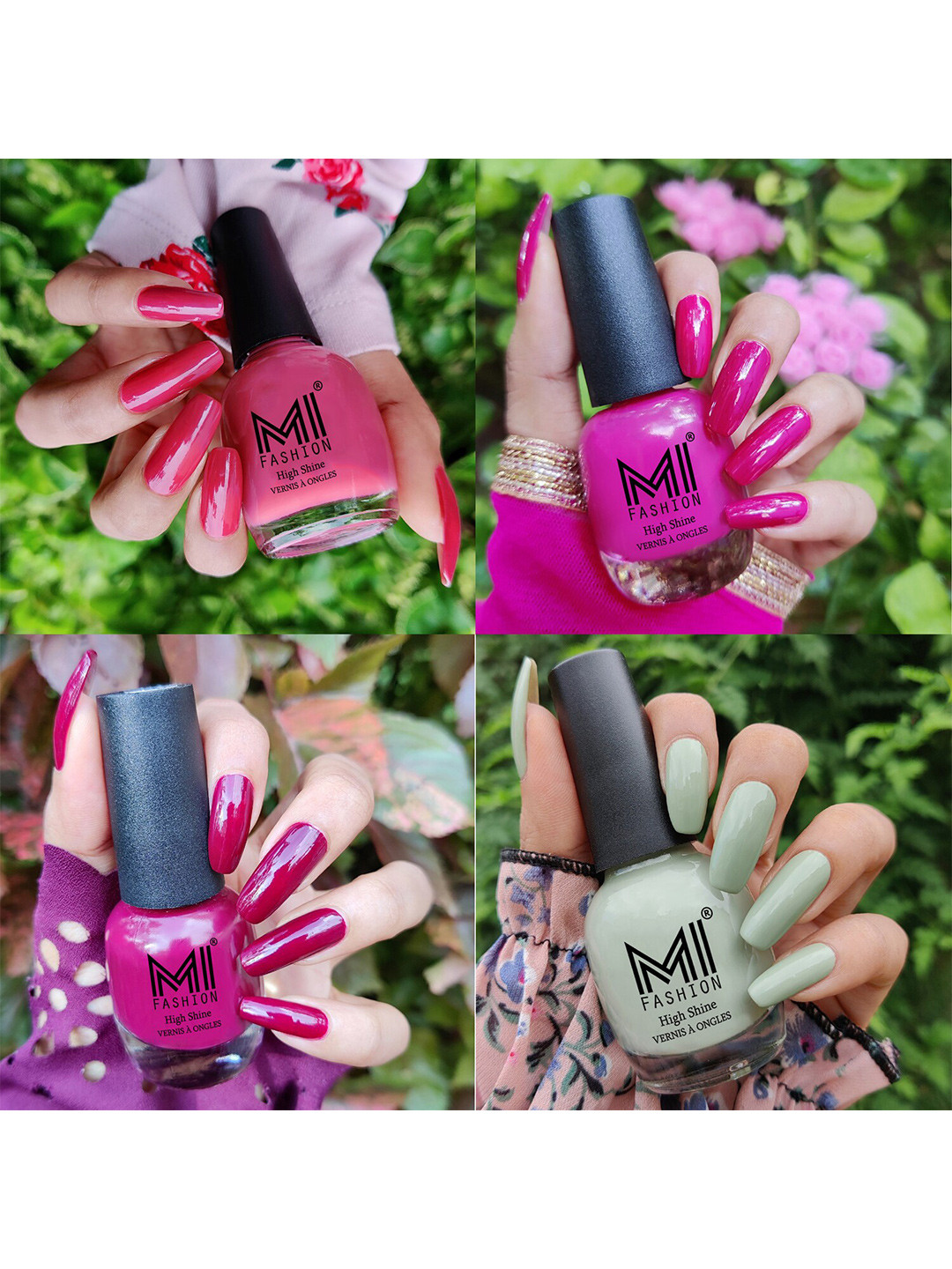 MI FASHION Set Of 4 Vernis A Ongles Ultra High Glass HD 3D Shine Nail Polish 60ml - Tan, Bright Plum, Wine, Mischievous Mint