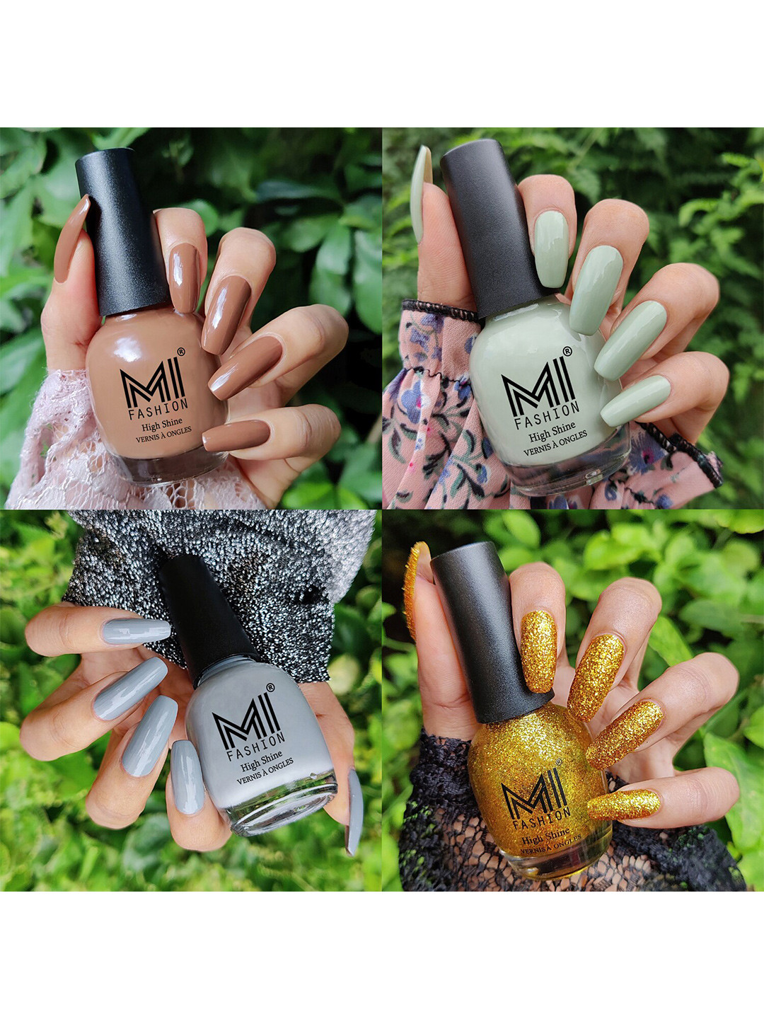 MI FASHION Set Of 4 Vernis A Ongles Ultra High Glass HD 3D Shine Nail Polish 60ml - Dark Nude, Mischievous Mint, Grey, Golden Gold