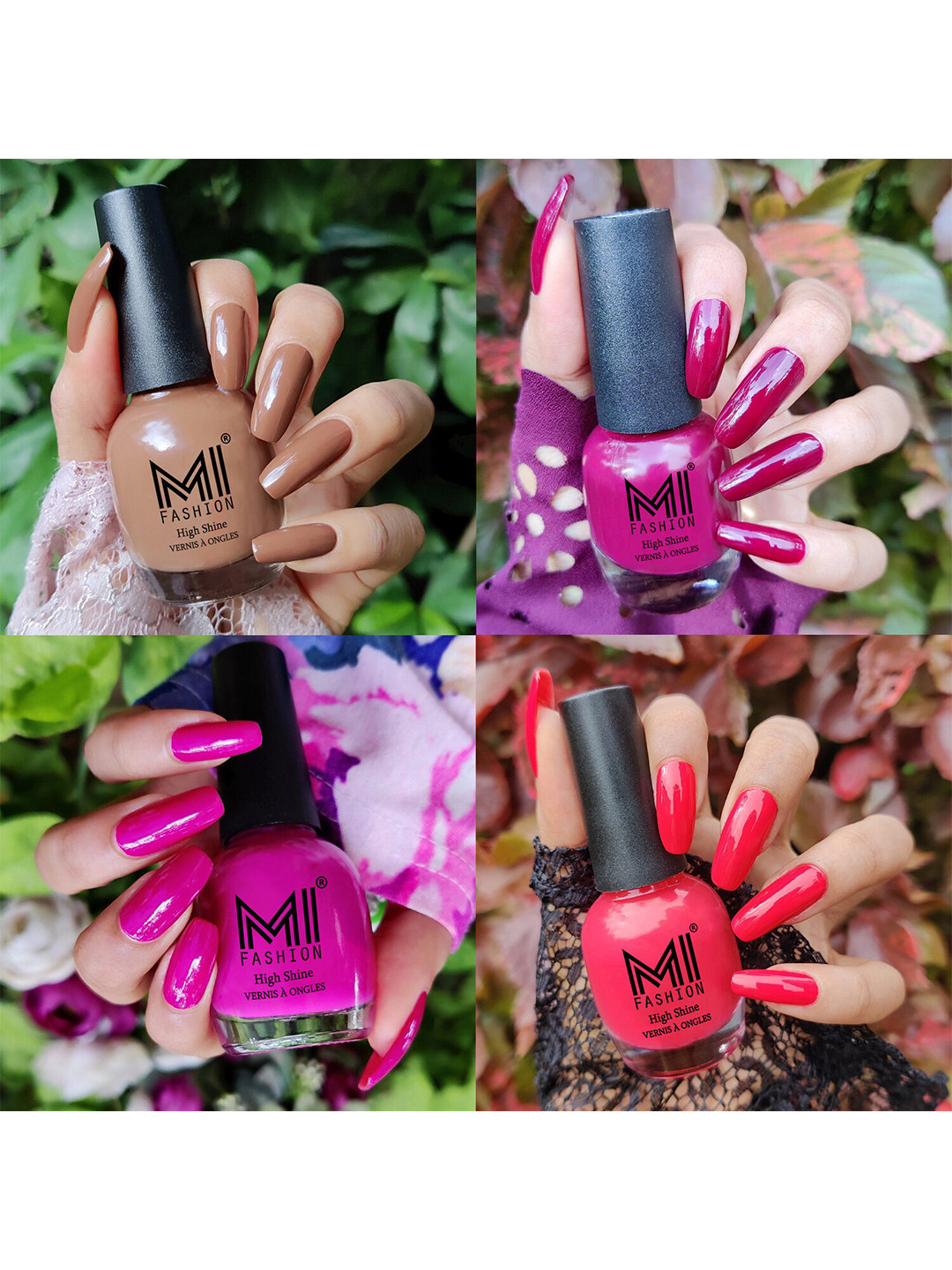 MI FASHION Set Of 4 Vernis A Ongles Ultra High Glass HD 3D Shine Nail Polish 60ml - Dark Nude, Wine, Bright Plum, Light Pink