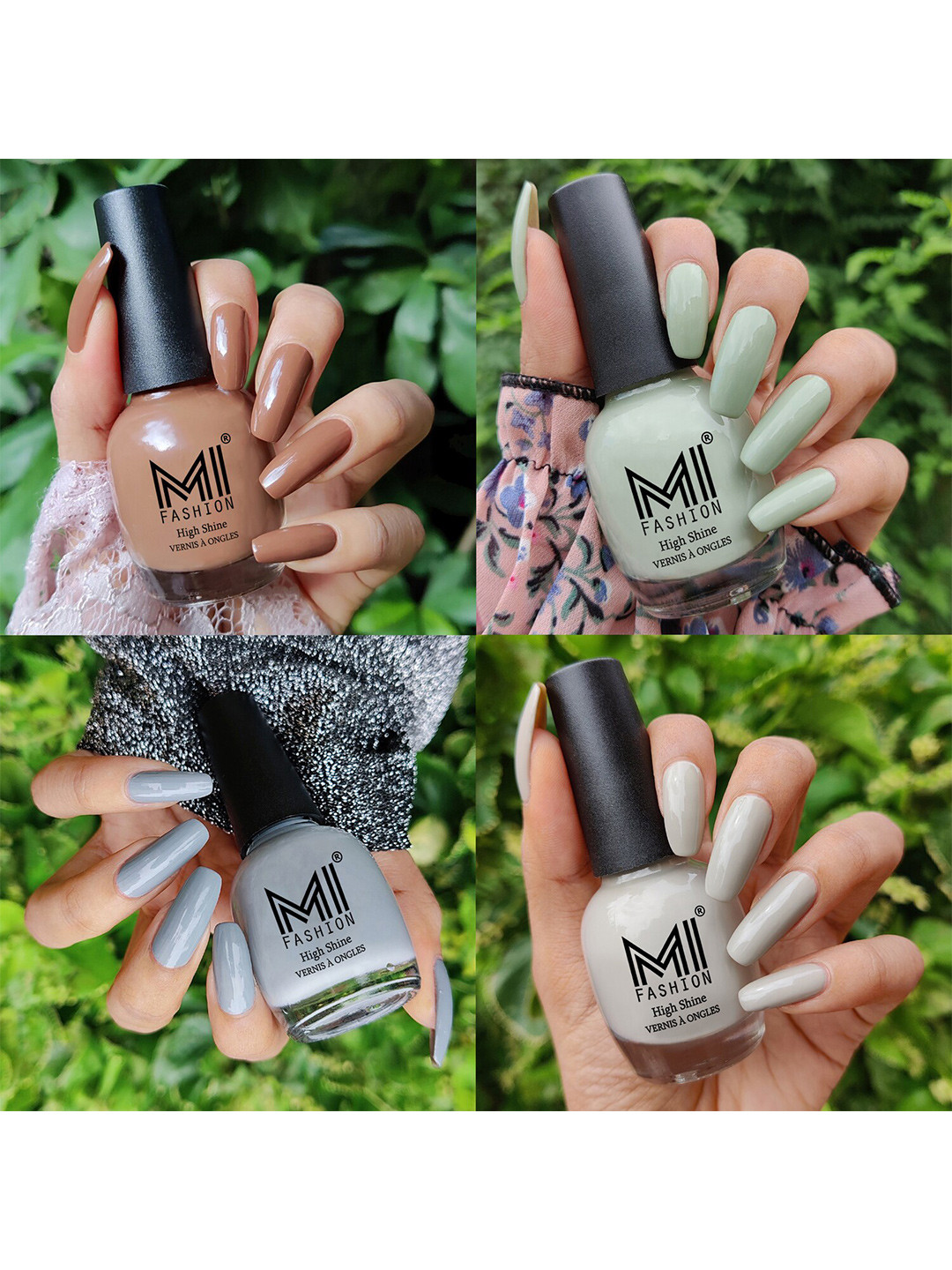 MI FASHION Set Of 4 Vernis A Ongles Ultra High Glass HD 3D Shine Nail Polish 60ml - Dark Nude, Mischievous Mint, Grey, Light Nude