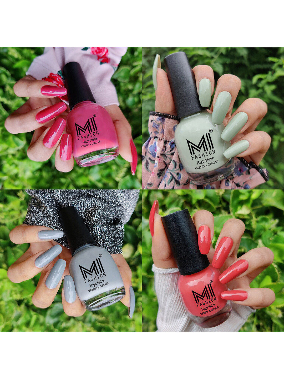 MI FASHION Set Of 4 Vernis A Ongles Ultra High Glass HD 3D Shine Nail Polish 60ml - Tan, Mischievous Mint, Grey, Peach Crush