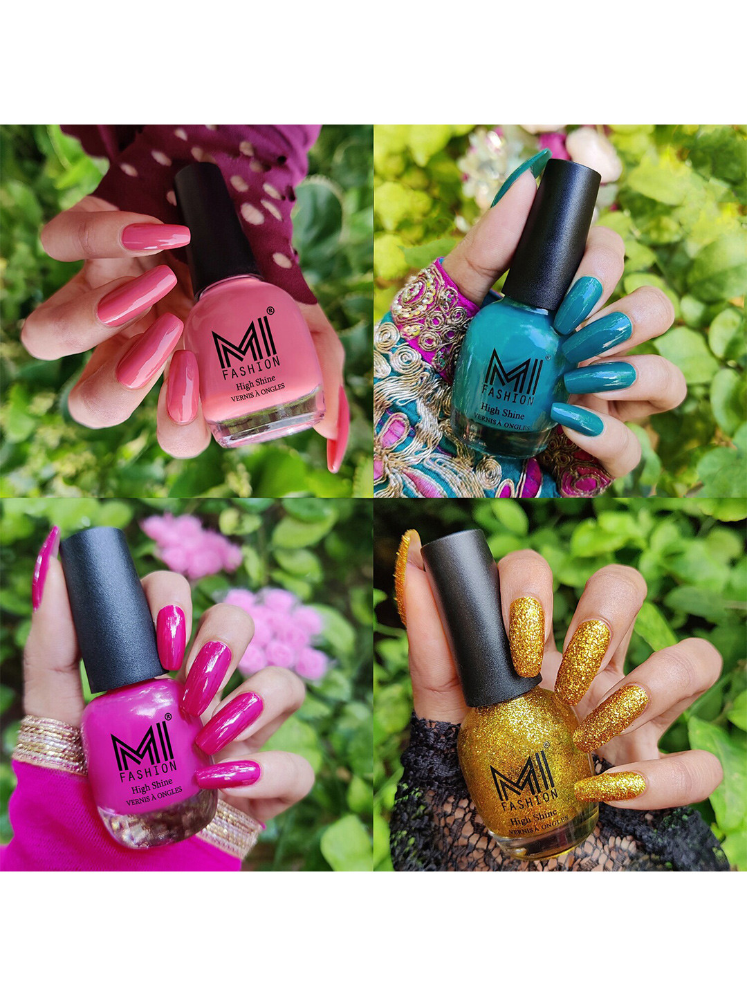 MI FASHION Set Of 4 Vernis A Ongles Ultra High Glass HD 3D Shine Nail Polish 60ml - Candy Cotton, Sea Green, Bright Plum, Golden Gold