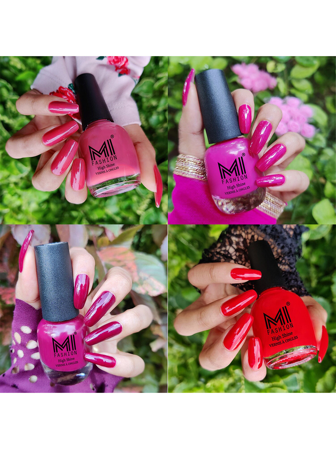 MI FASHION Set Of 4 Vernis A Ongles Ultra High Glass HD 3D Shine Nail Polish 60ml - Tan, Bright Plum, Wine, Red