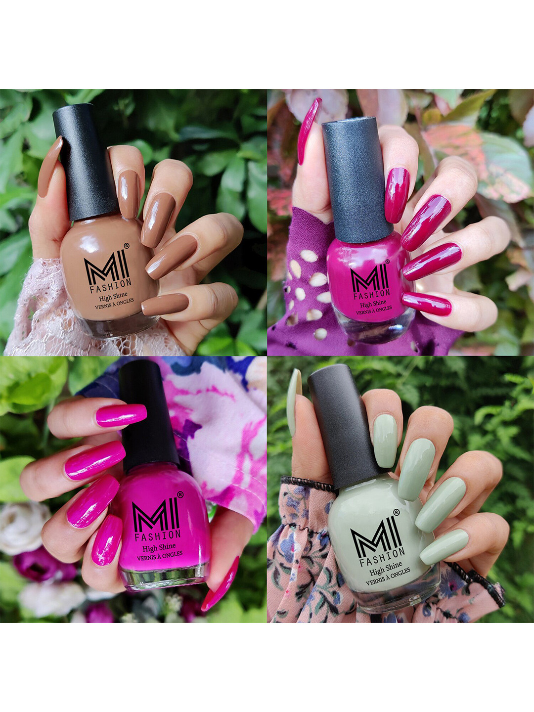 MI FASHION Set Of 4 Vernis A Ongles Ultra High Glass HD 3D Shine Nail Polish 60ml - Dark Nude, Wine, Bright Plum, Mischievous Mint