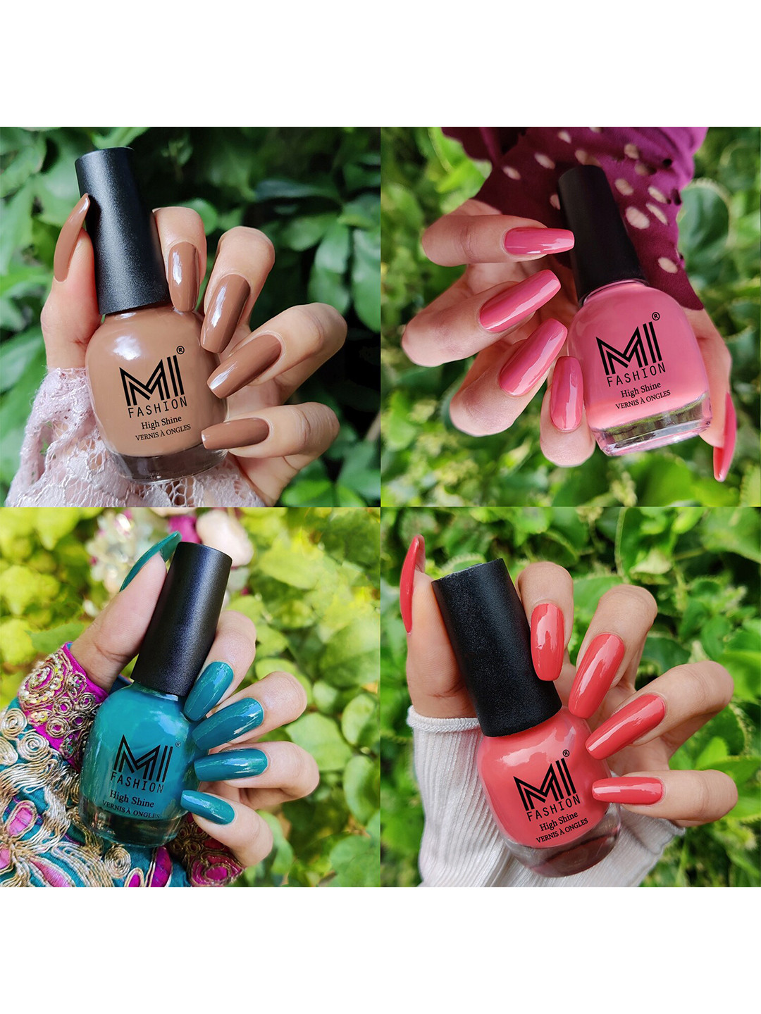MI FASHION Set Of 4 Vernis A Ongles Ultra High Glass HD 3D Shine Nail Polish 60ml - Dark Nude, Candy Cotton, Sea Green, Peach