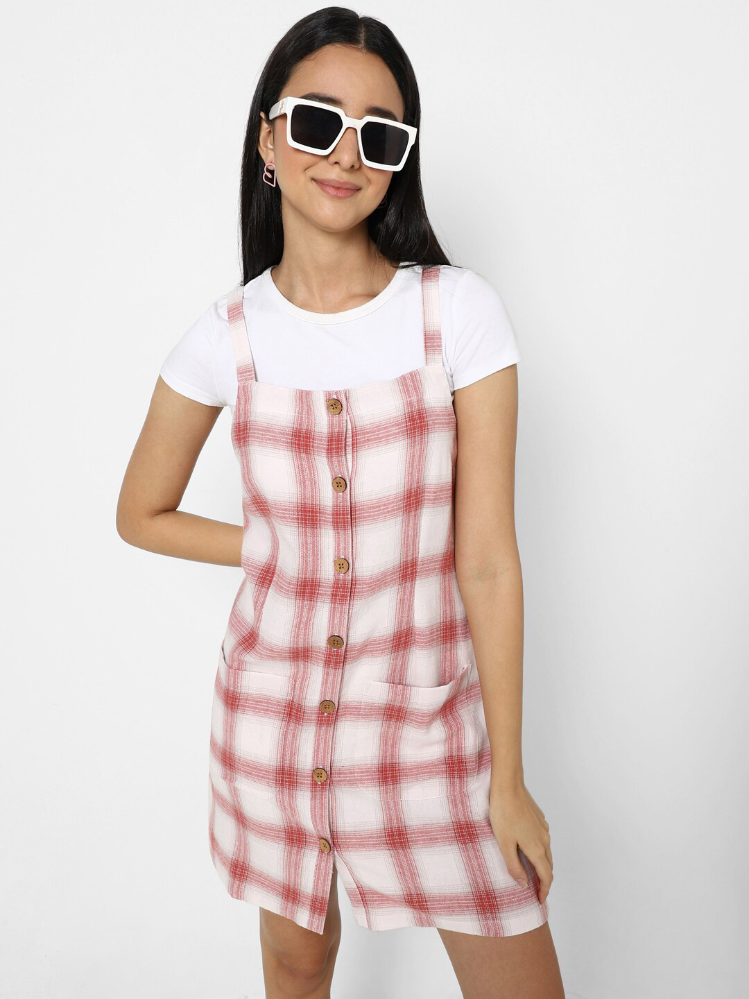 VASTRADO Women Red & Off White Checked Cotton Pinafore Dress