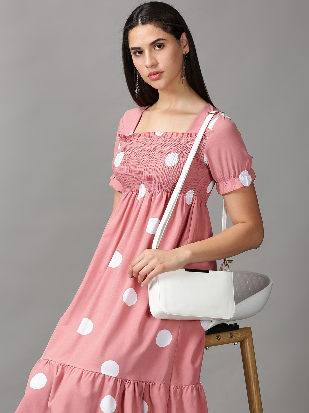 SHOWOFFFF Mauve & White Polka Dot Printed Empire Dress