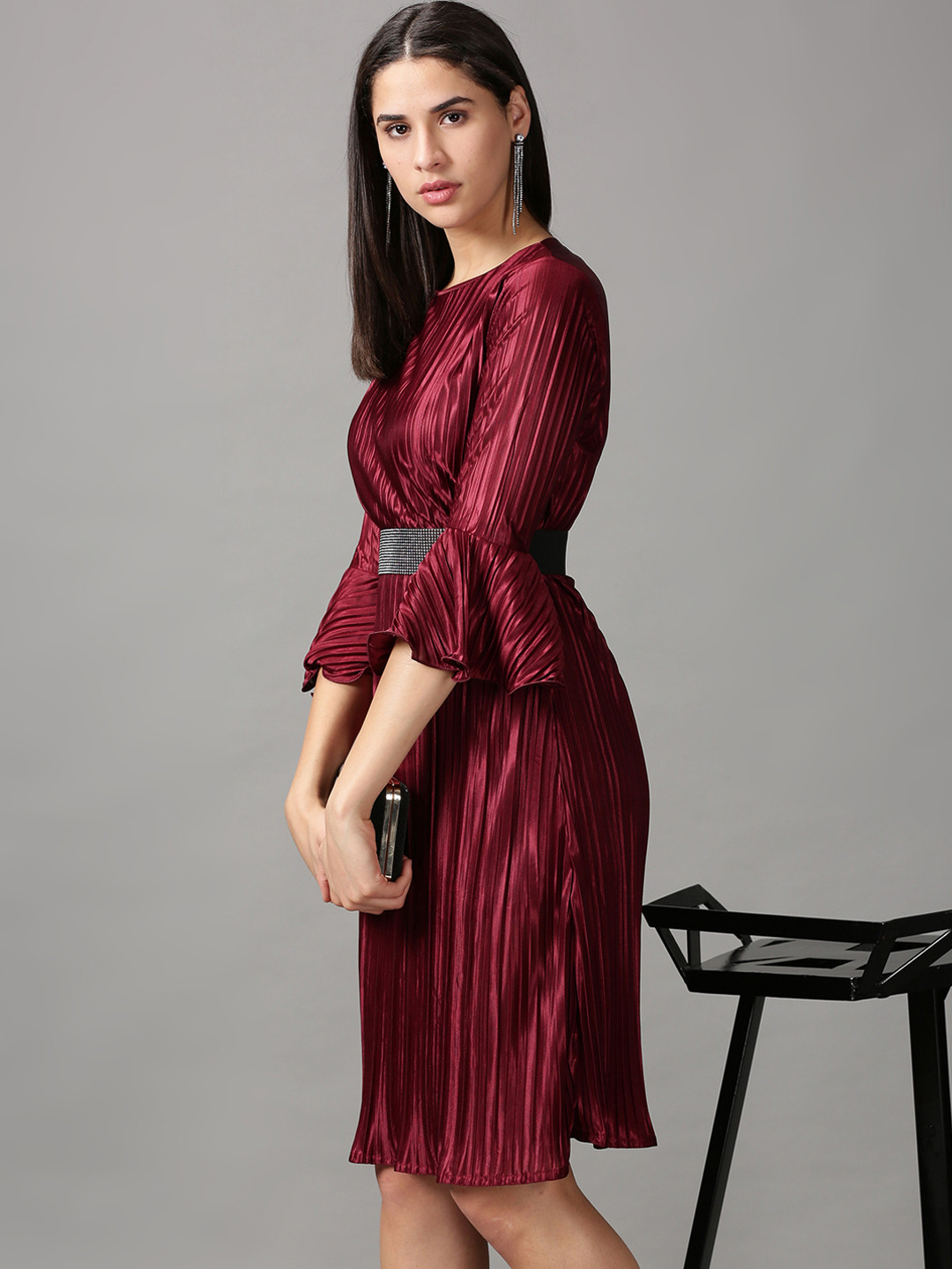 SHOWOFFFF Burgundy Striped Sheath Dress