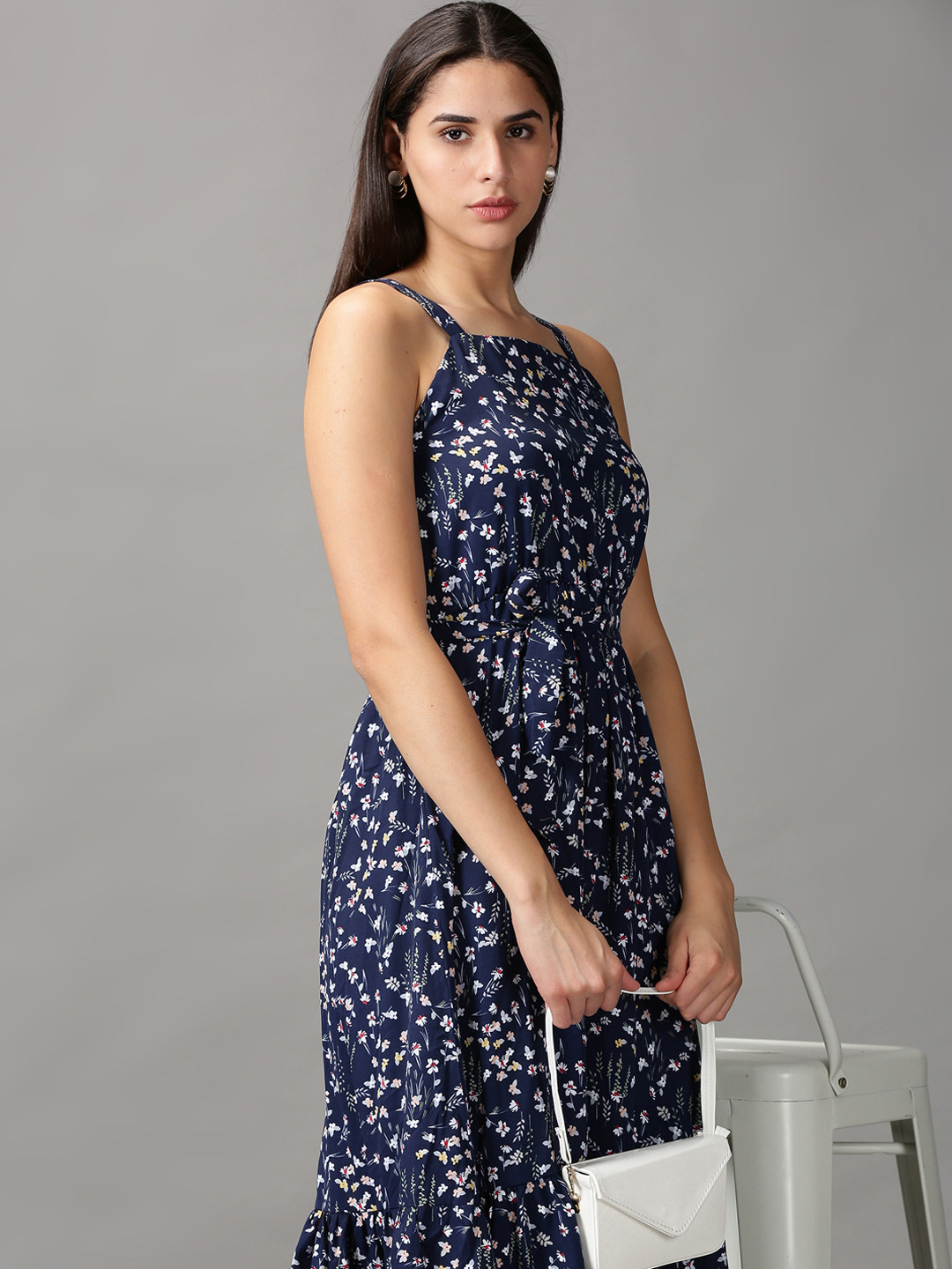 SHOWOFF Women Navy Blue & White Floral Tiered Chiffon Midi Dress