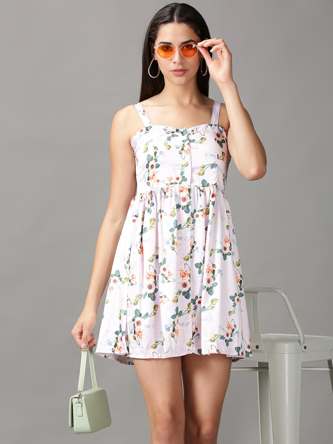 SHOWOFF Women Pink & Green Floral Satin Mini Dress