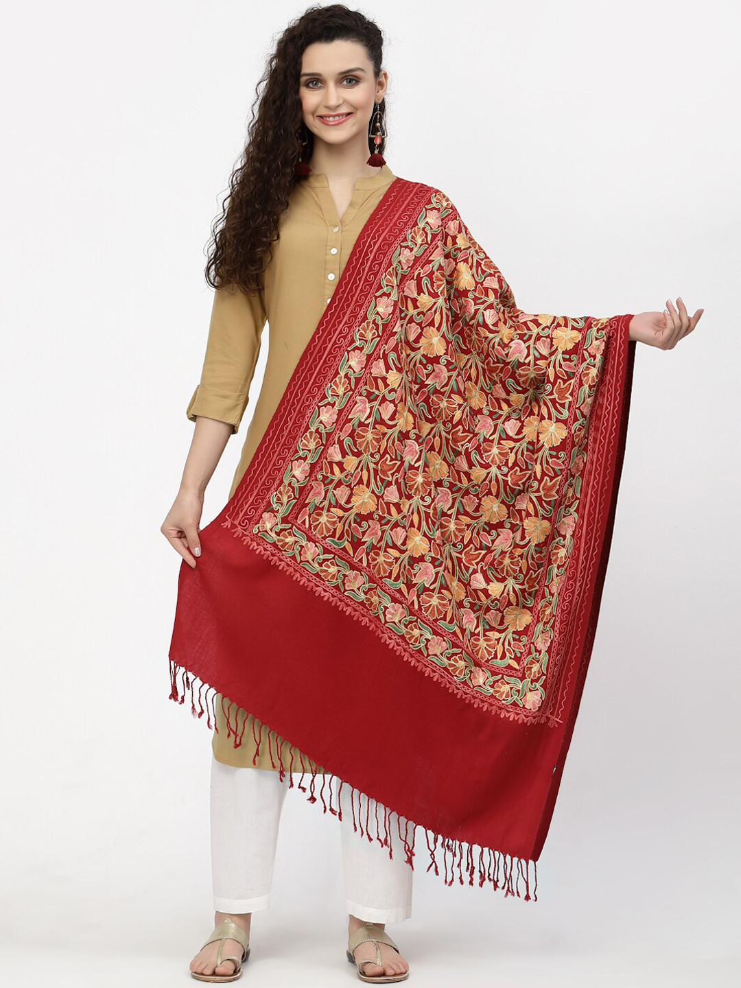 Anekaant Women Red Floral Embroidered Acrowool Shawl