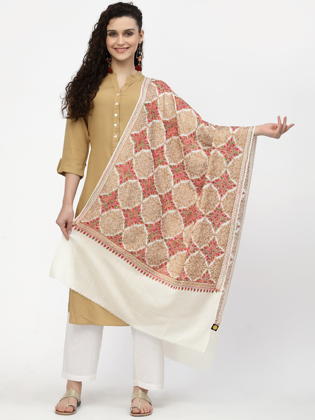 Anekaant Women White & Red Ethnic Motif Embroidered Wool Shawl