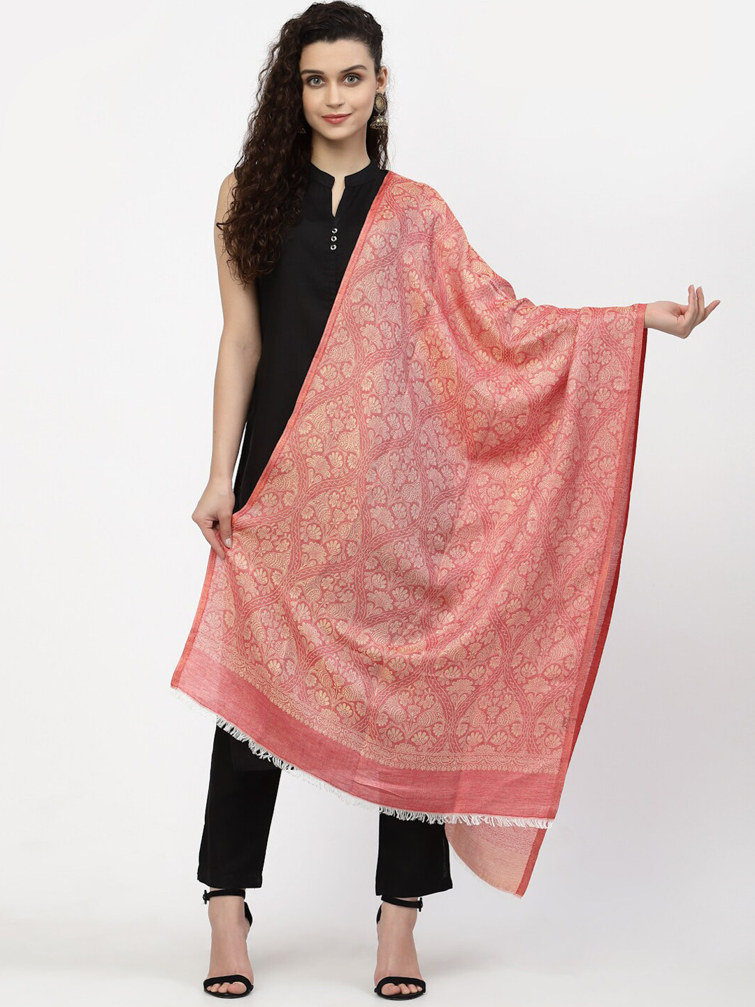 Anekaant Women Red & Gold Ethnic Motif Woven Design Modal Shawl