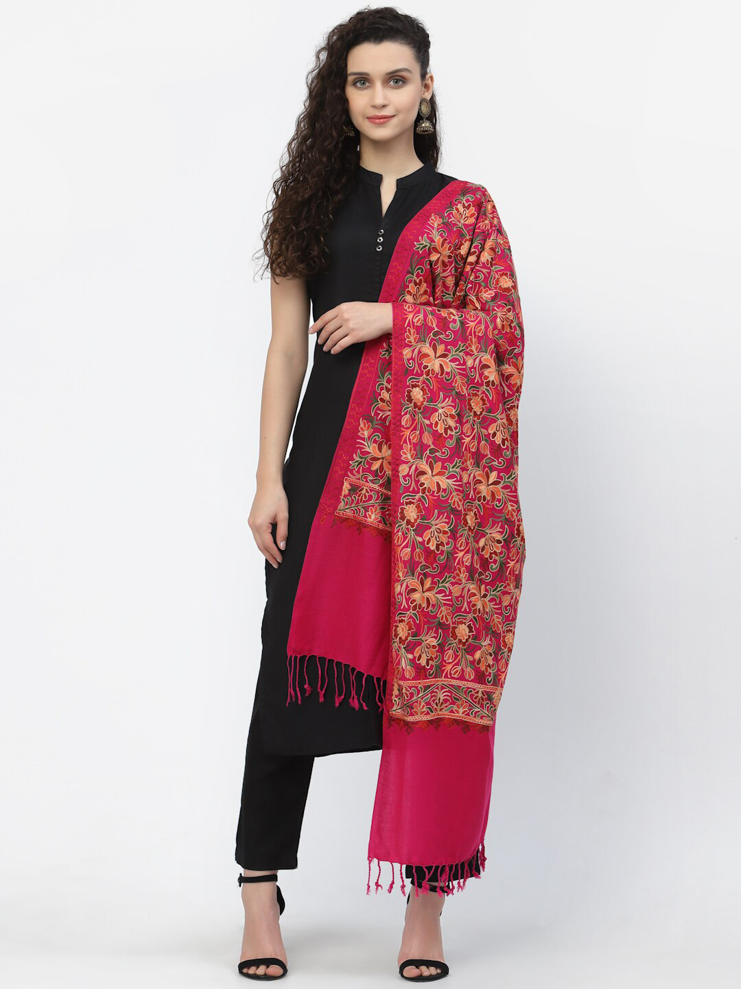 Anekaant Women Pink Floral Embroidered Acrowool Shawl