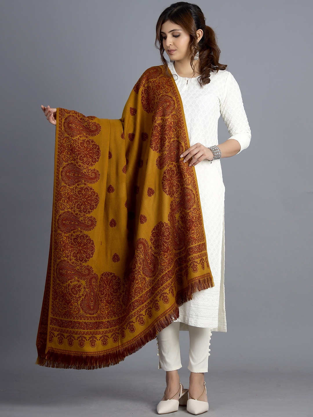 HANDICRAFT PALACE Women Mustard Yellow Hand Woven Design Jamwar Paisley Wool Shawl