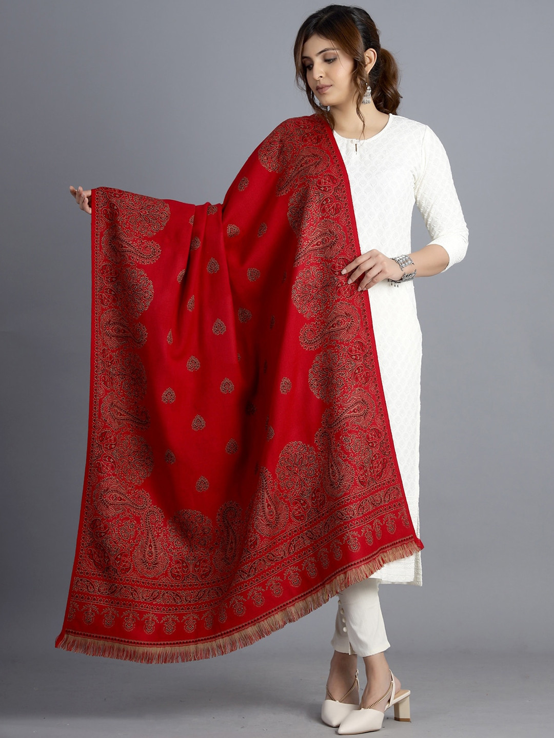 HANDICRAFT PALACE Women Red Hand Woven Jamwar Paisley Wool Shawl