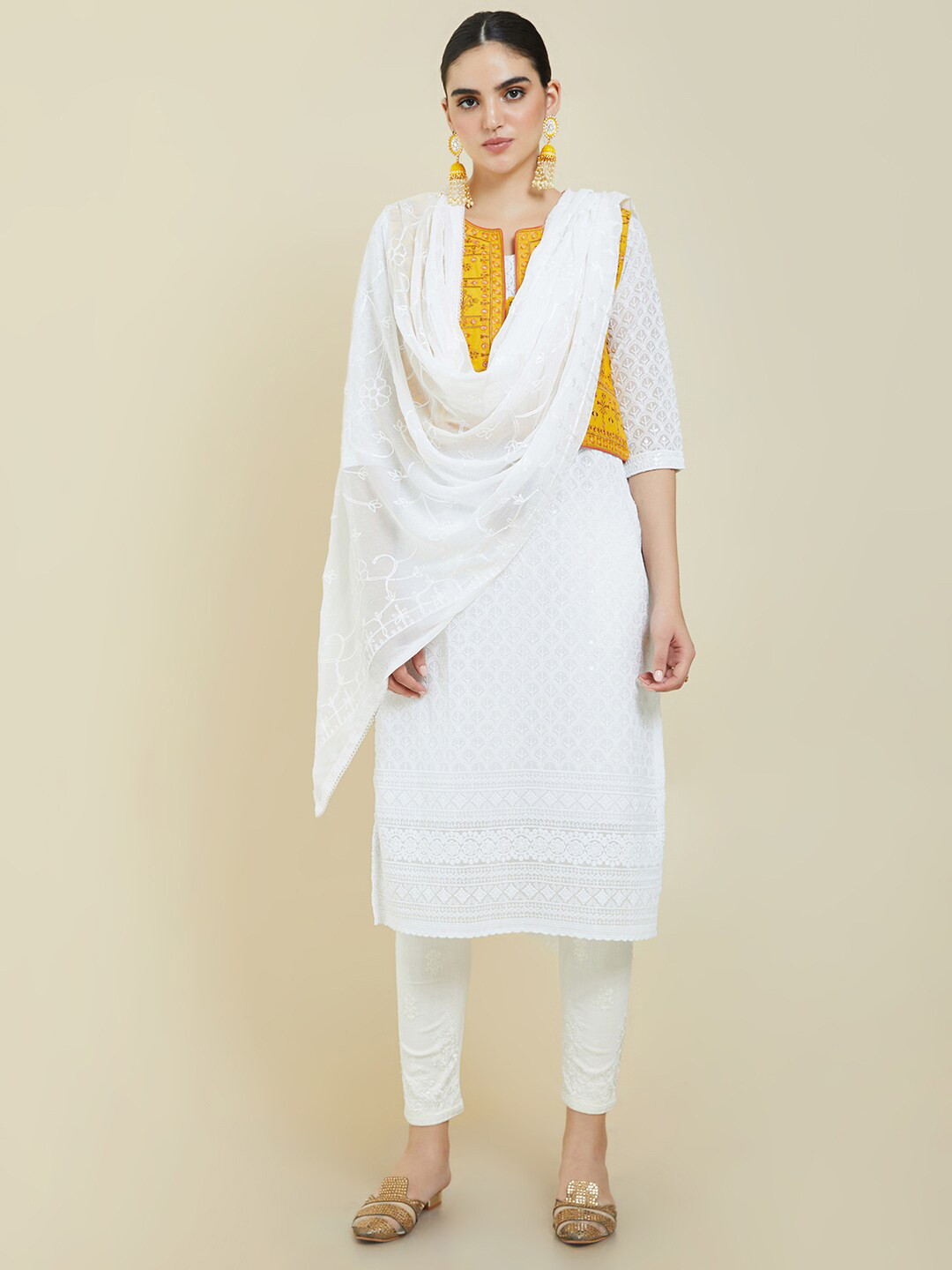 Soch White Embroidered Dupatta With Thread Work