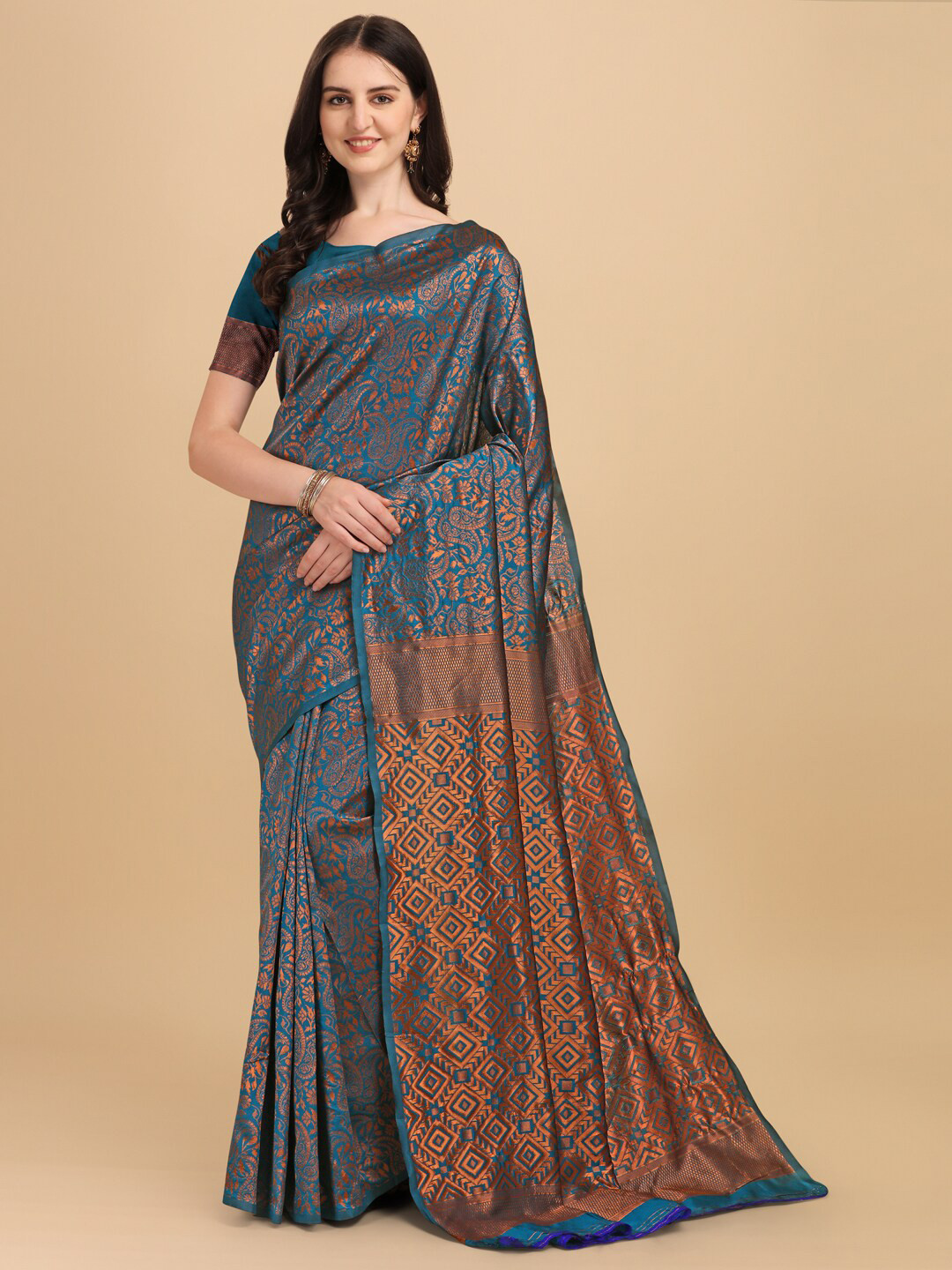 BESUCHER Teal & Copper Woven Design Zari Kanjeevaram Saree