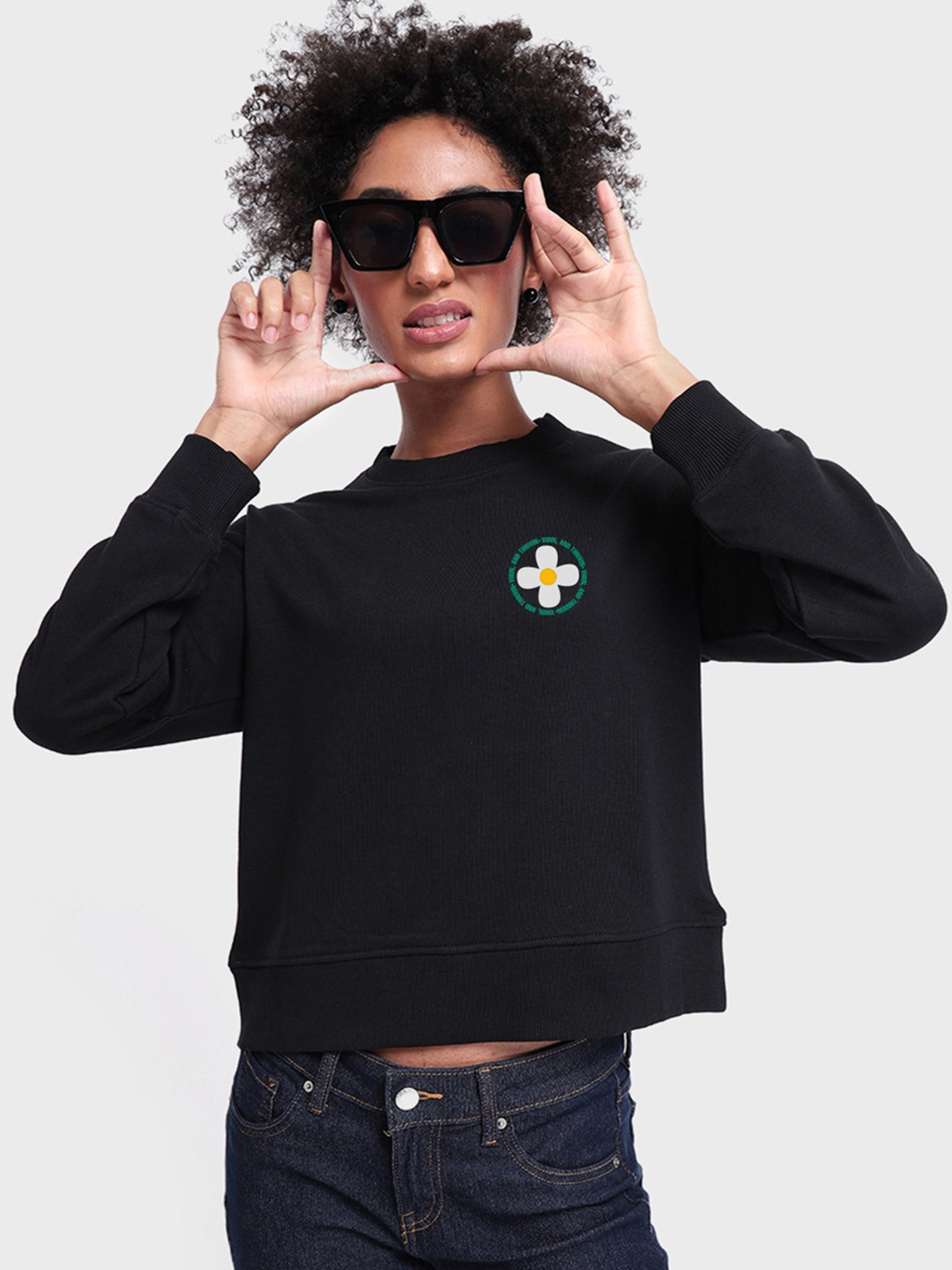 Bewakoof Women Black Printed Cotton Round Neck Oversized Fit Sweatshirt