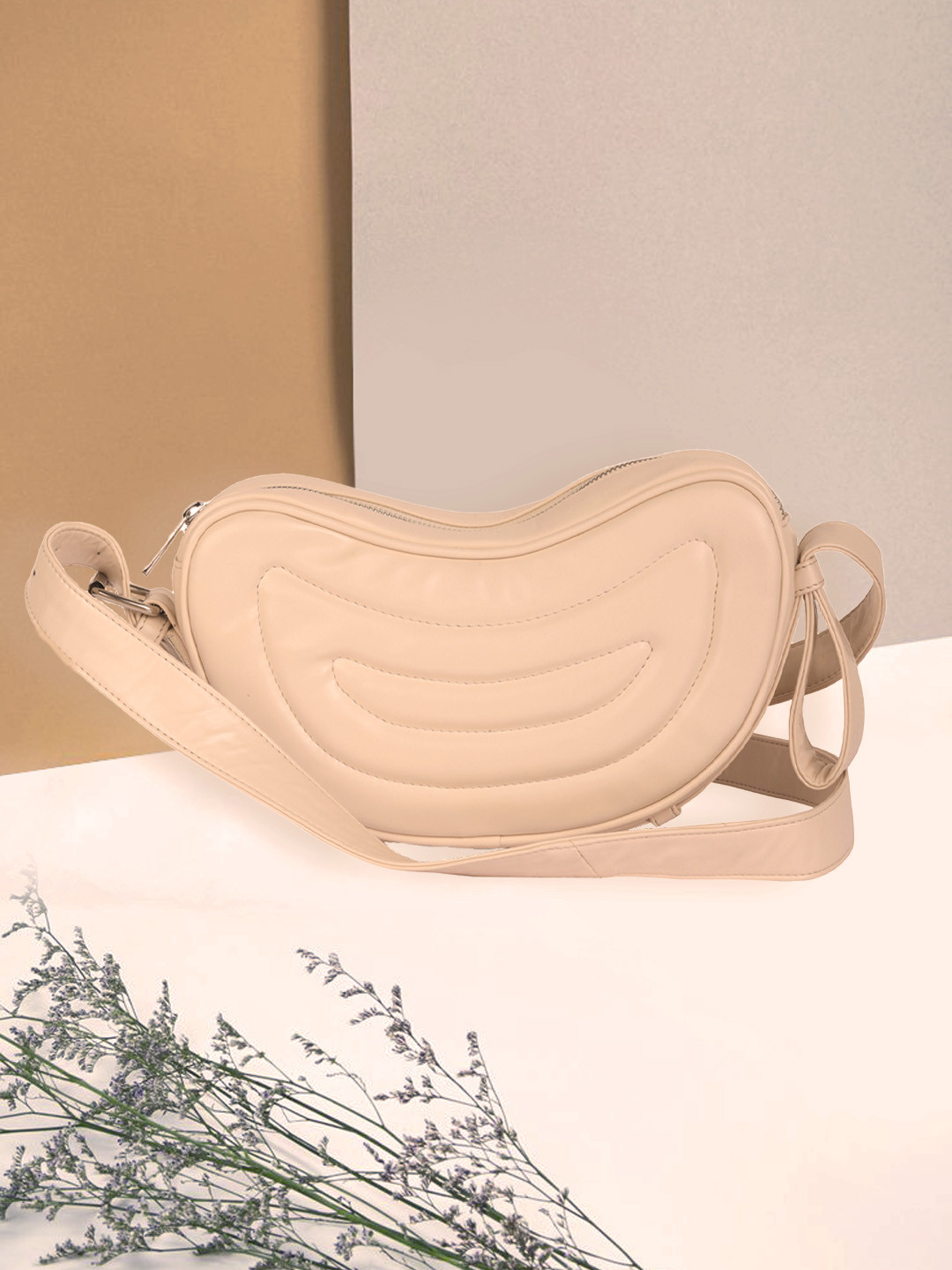 FERROCCIO Women Cream-Coloured Structured Sling Bag with Quilted