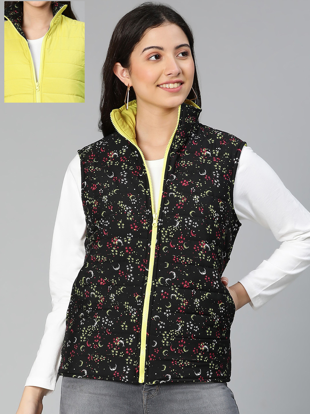 Oxolloxo Women Black Yellow Floral Reversible Padded Jacket