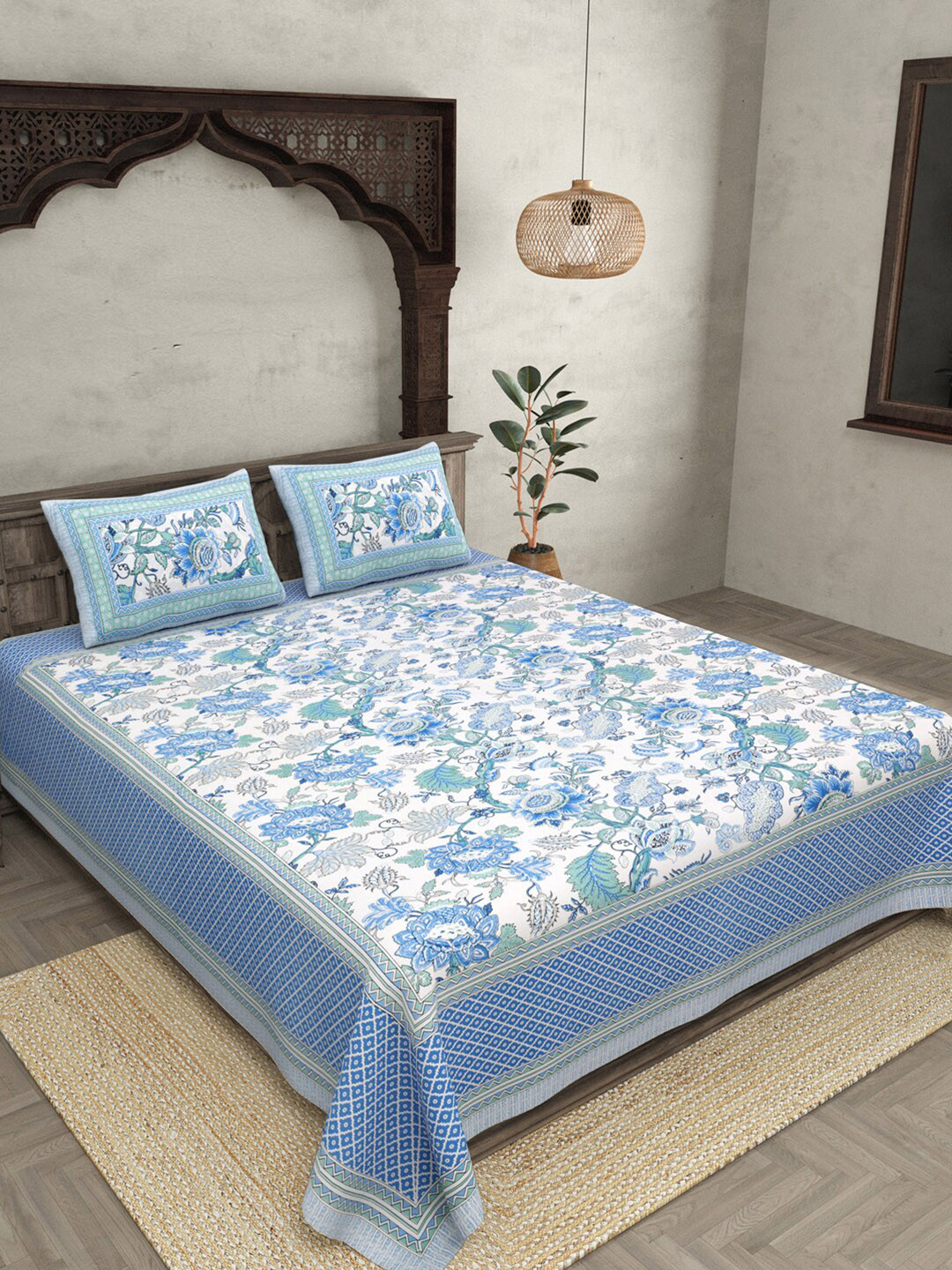 JAIPUR FABRIC Gala Flowers Blue Floral Cotton 120 TC Queen Bedsheet with 2 Pillow Covers-59 x 87 inches