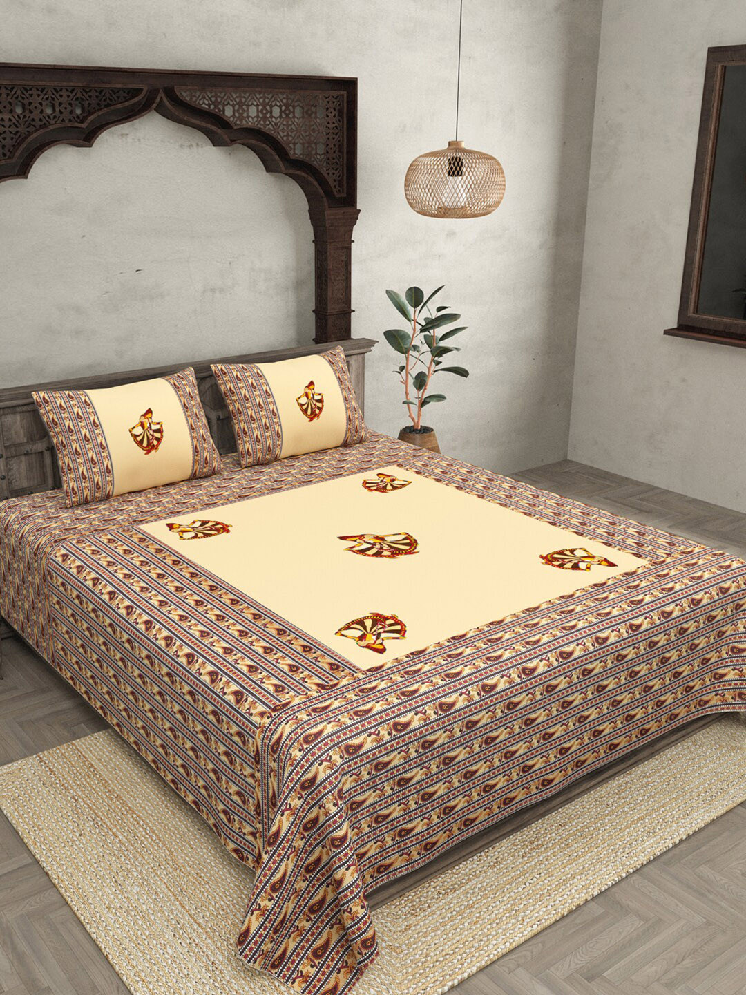 JAIPUR FABRIC Gujri Jaipuri Cream Ethnic Motifs Cotton 240 TC Queen Fine Bedsheet with 2 Pillow Covers-106 x 86 inches
