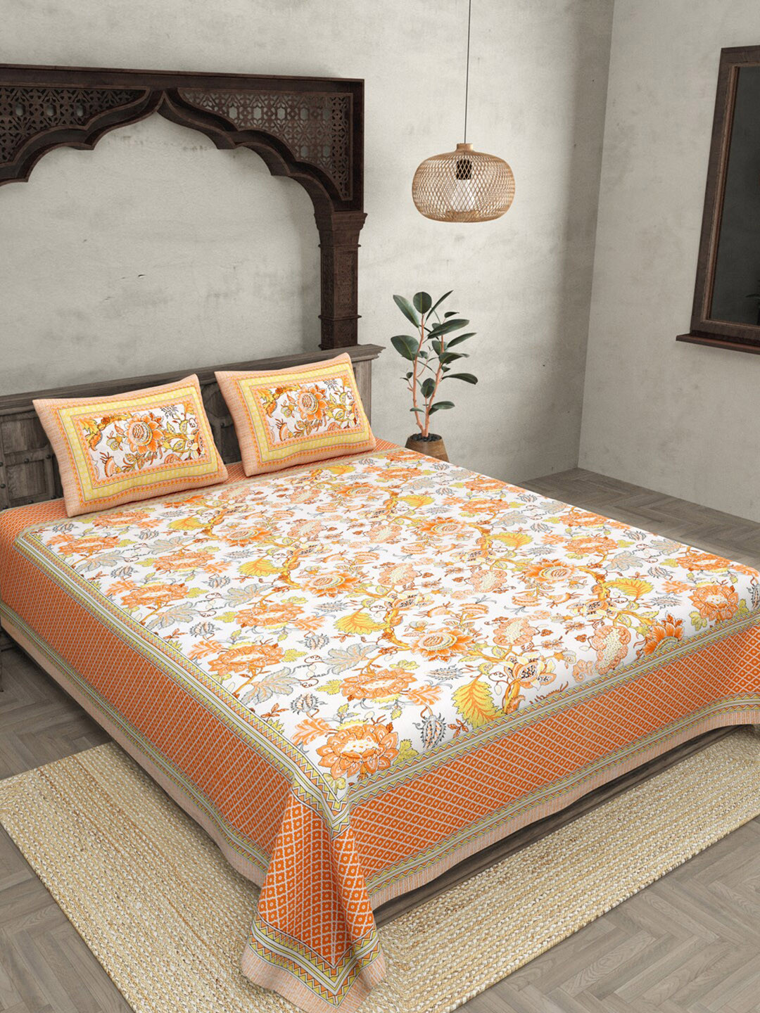 JAIPUR FABRIC Gala Orange Floral Cotton 120 TC Queen Bedsheet with 2 Pillow Covers-108 x 91 inches