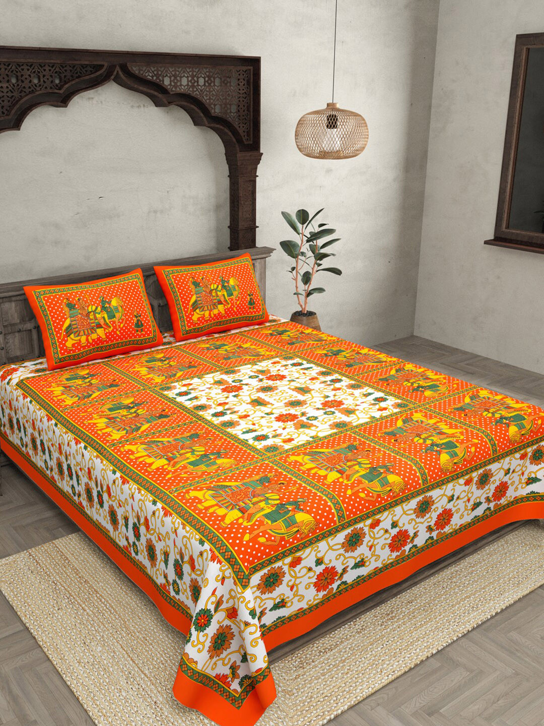 JAIPUR FABRIC Orange Ethnic Motifs Cotton 120 TC Queen Bedsheet with 2 Pillow Covers-108 x 91 inches