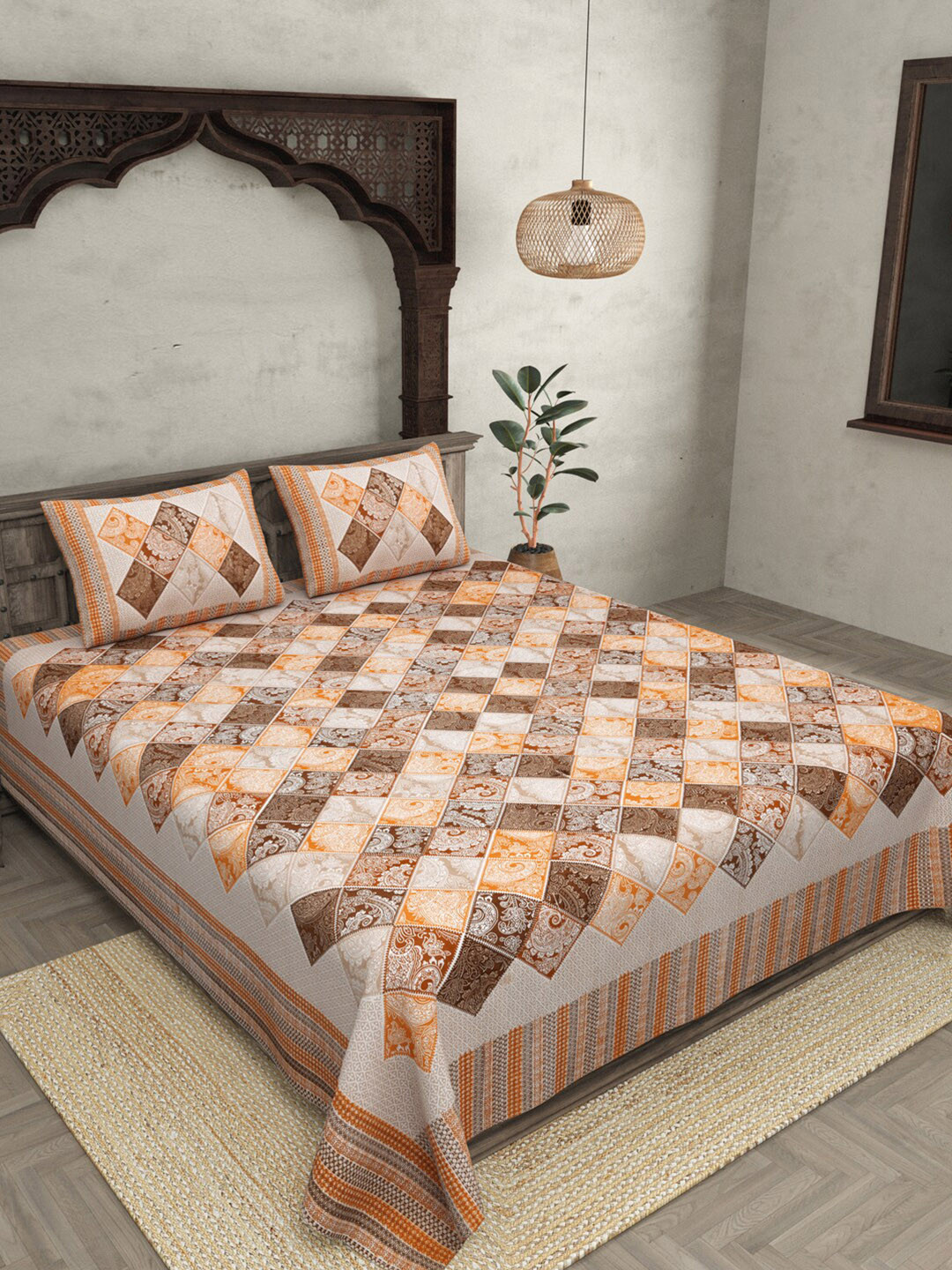 JAIPUR FABRIC Ethnic Tiles Cream Geometric Cotton 240 TC King Fine Bedsheet with 2 Pillow Covers-274 x 240 cm