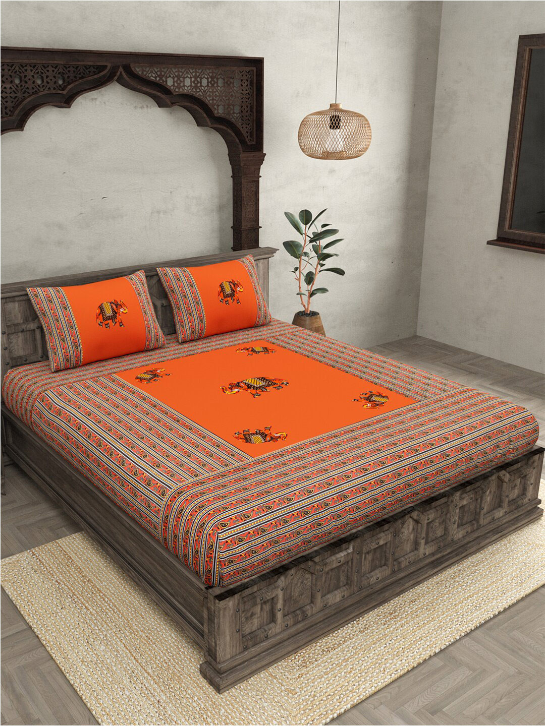 JAIPUR FABRIC Orange & Black Ethnic Motifs 240 TC Cotton Queen Bedsheet with 2 Pillow Covers