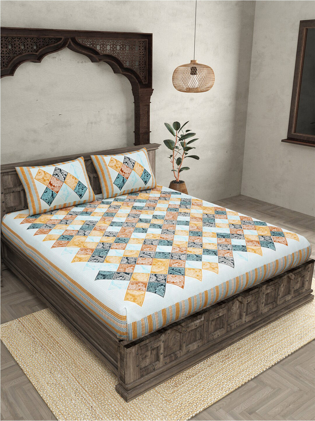 JAIPUR FABRIC Blue Geometric Cotton 240 TC King Fine Bedsheet with 2 Pillow Covers-108 x 94 inches